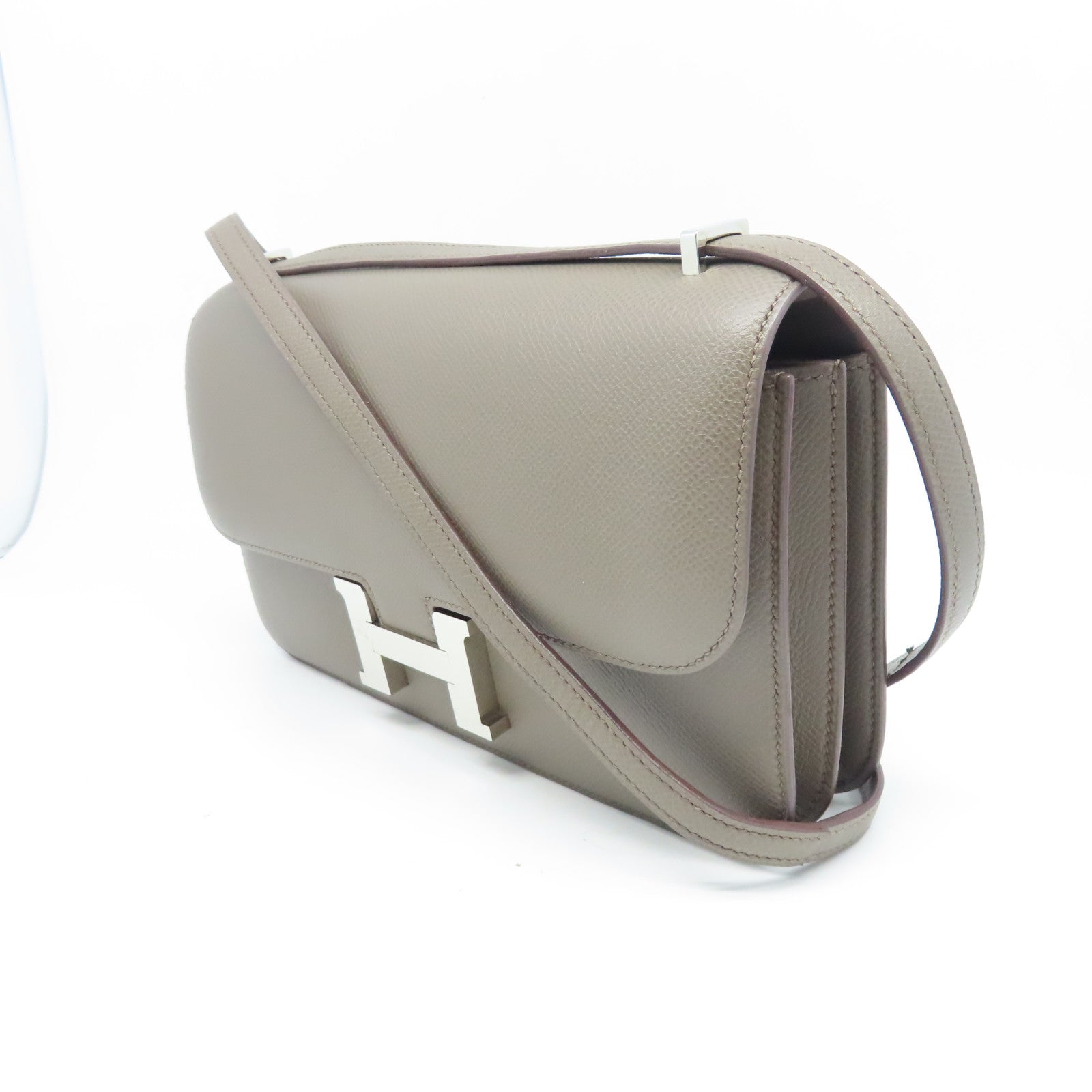 HERMES Epsom皮革Constance Elan銀扣肩背袋錫器灰色