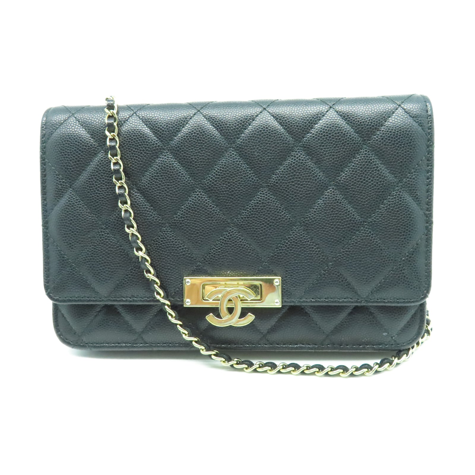 CHANEL 菱格Caviar皮革Wallet On Chain金扣鏈帶肩背袋黑色
