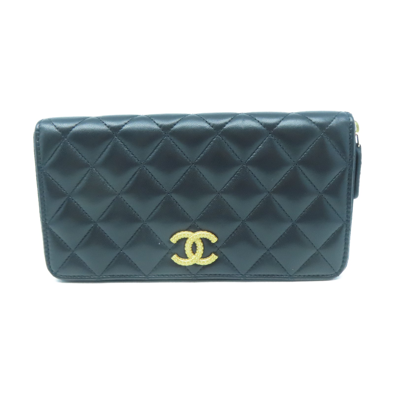 CHANEL 菱格牛皮皮革Long Wallet金扣長錢包黑色