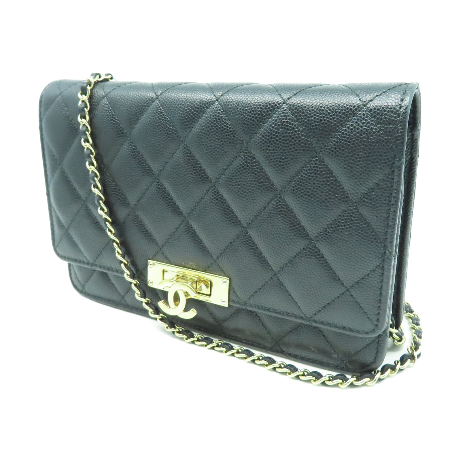 CHANEL 菱格Caviar皮革Wallet On Chain金扣鏈帶肩背袋黑色