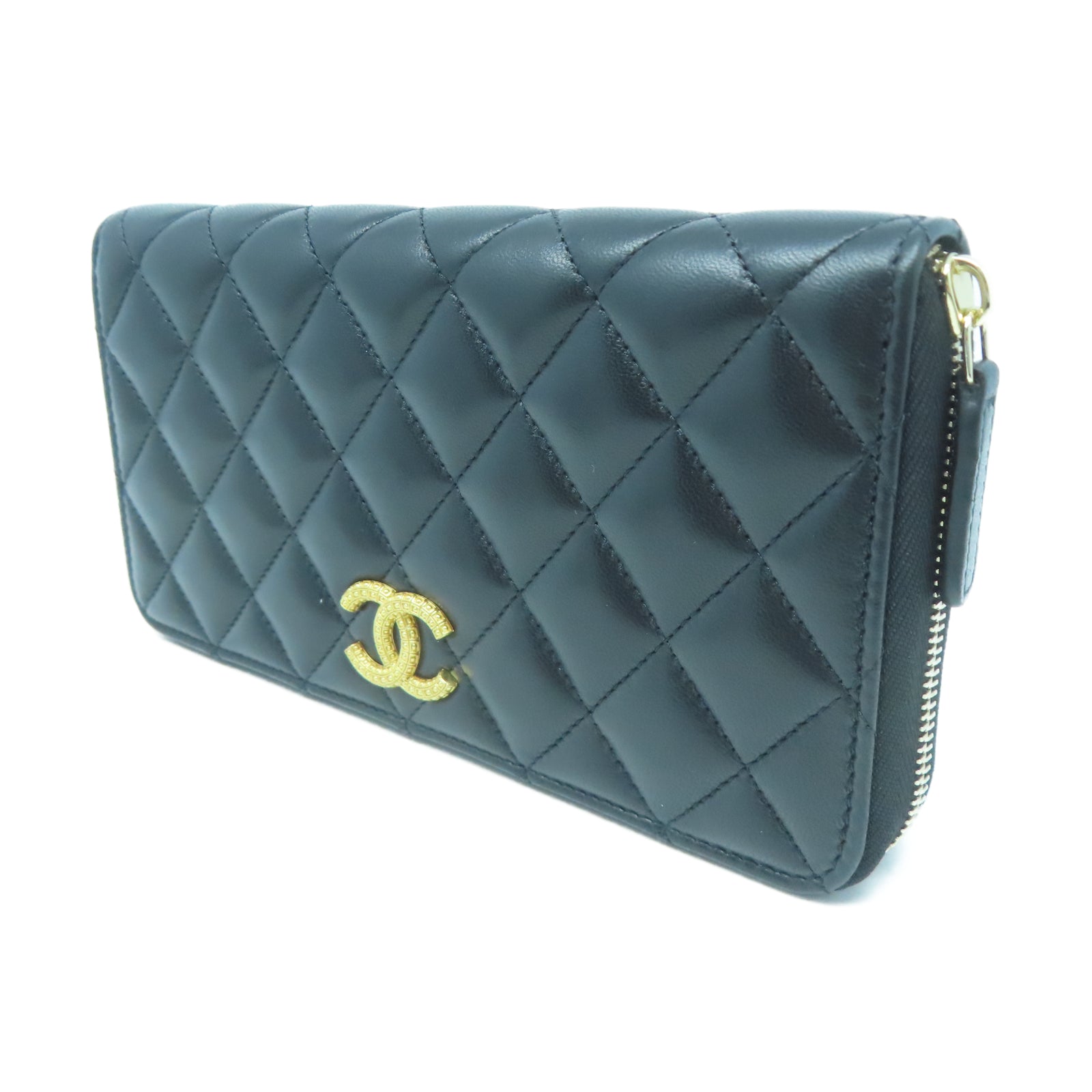 CHANEL 菱格牛皮皮革Long Wallet金扣長錢包黑色