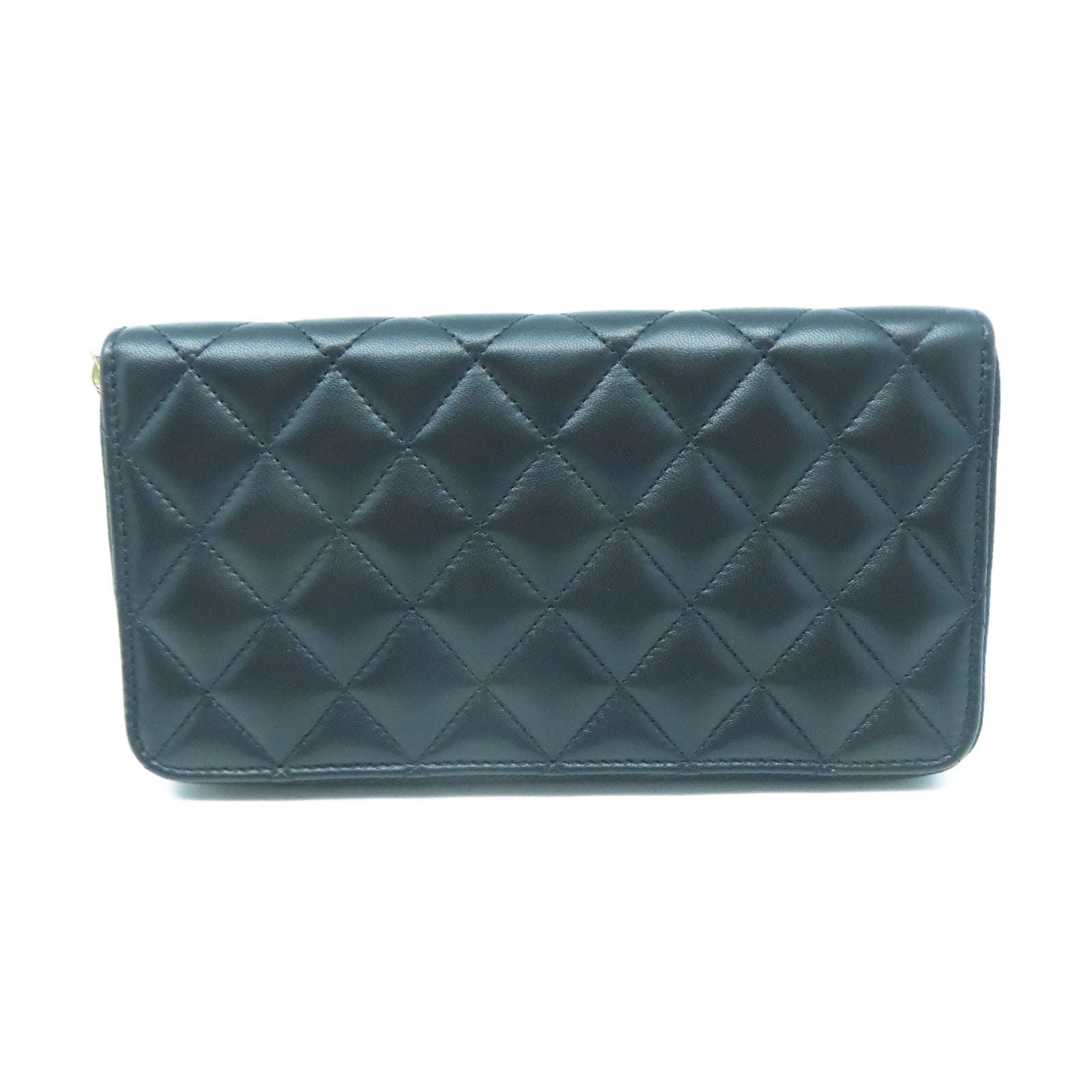 CHANEL 菱格牛皮皮革Long Wallet金扣長錢包黑色