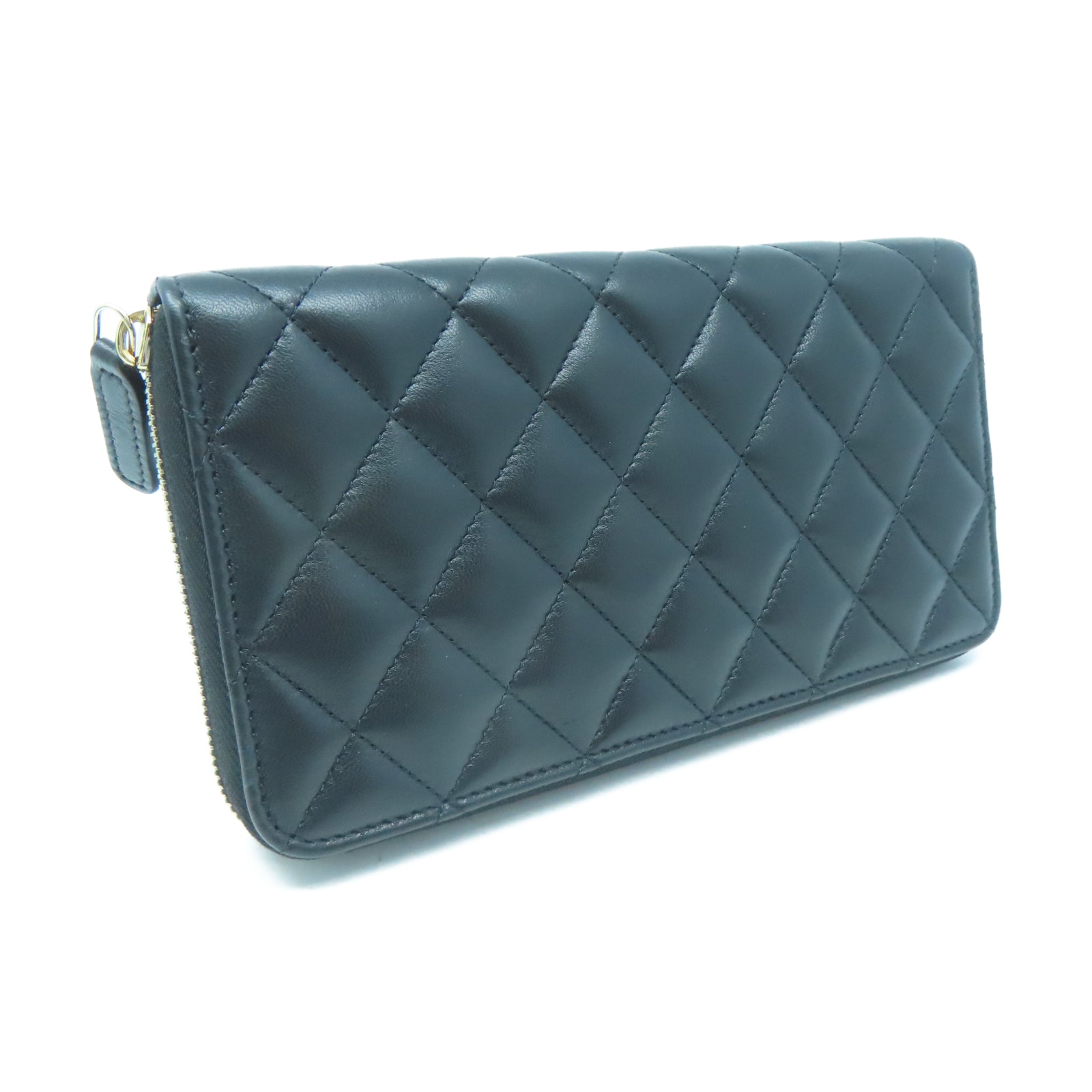 CHANEL 菱格牛皮皮革Long Wallet金扣長錢包黑色