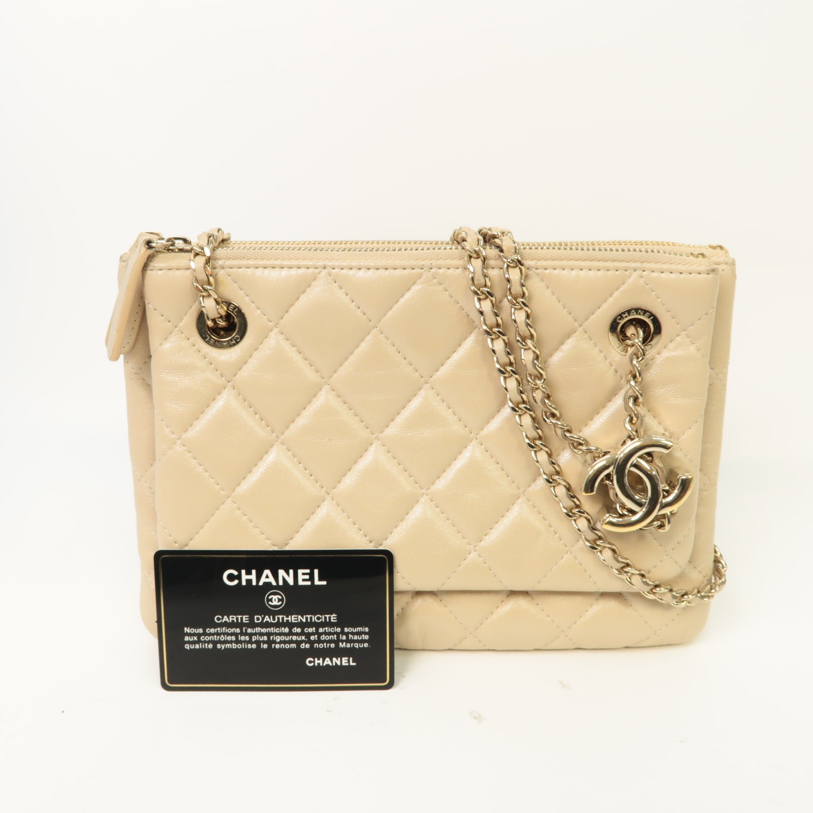 CHANEL 菱格牛皮皮革Chain Shoulder Bag金扣鏈帶肩背袋米色