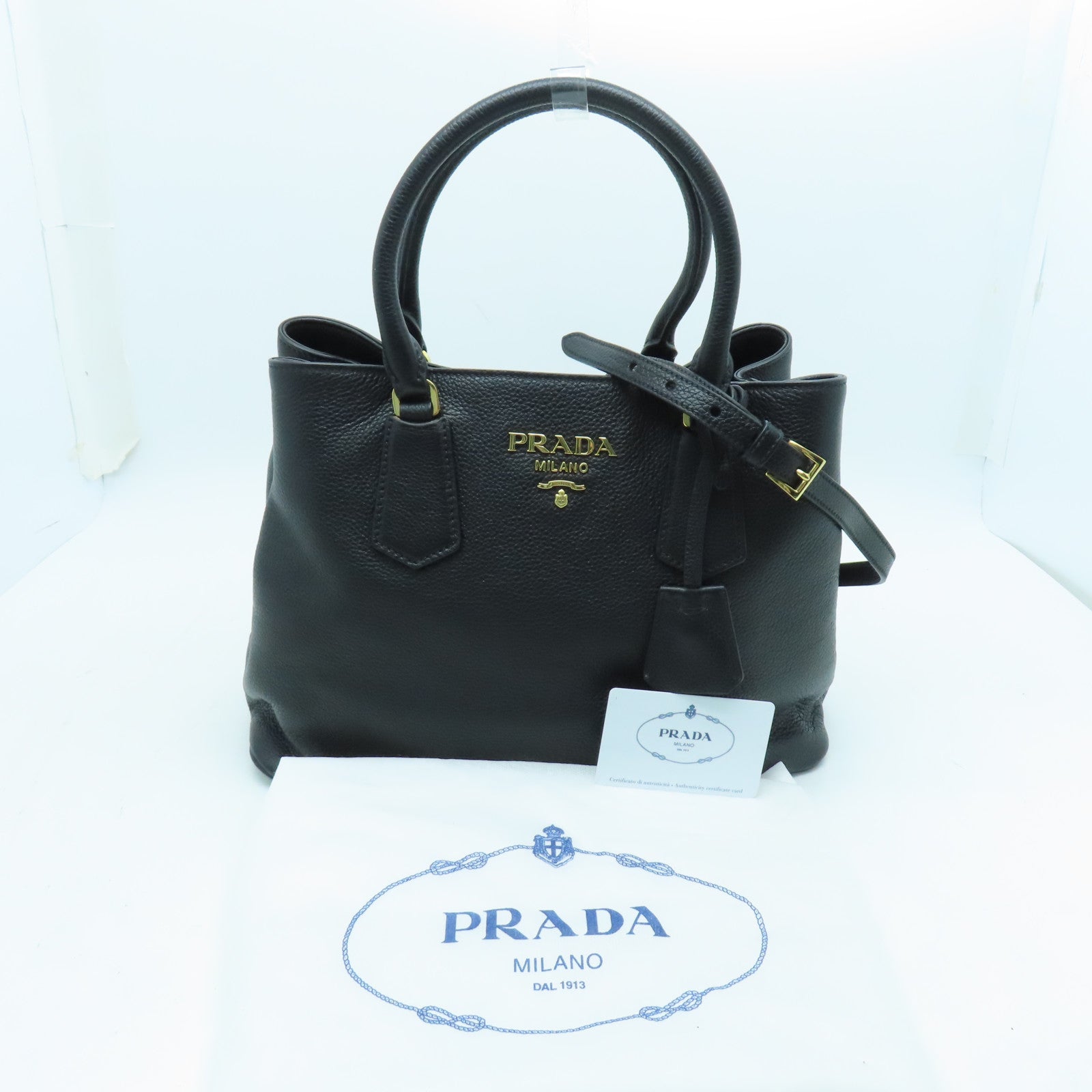 PRADA 牛皮皮革2 way Shoulder金扣手挽肩背兩用袋黑色