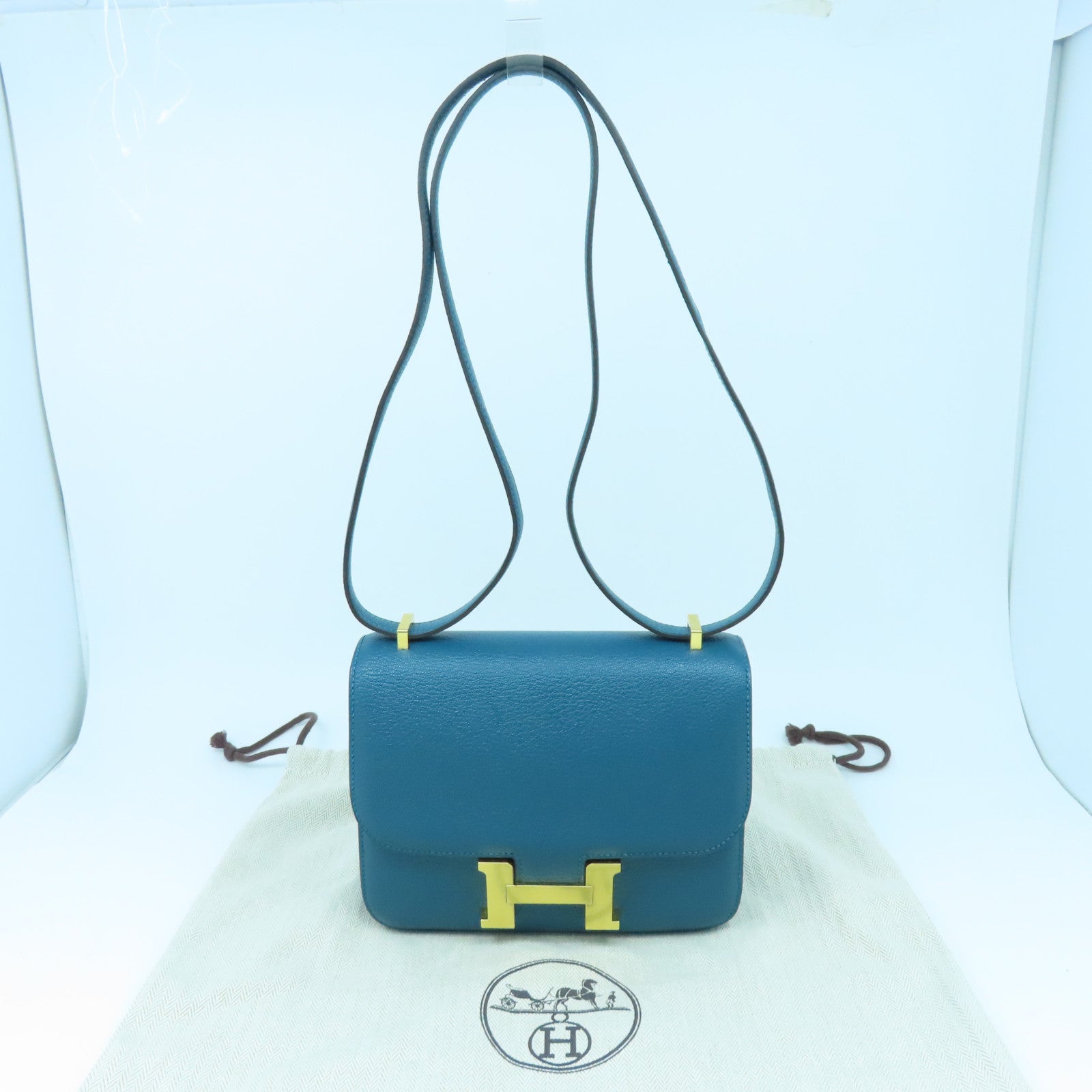 HERMES Mysore leather Constance Mini gold buckle handle shoulder bag green