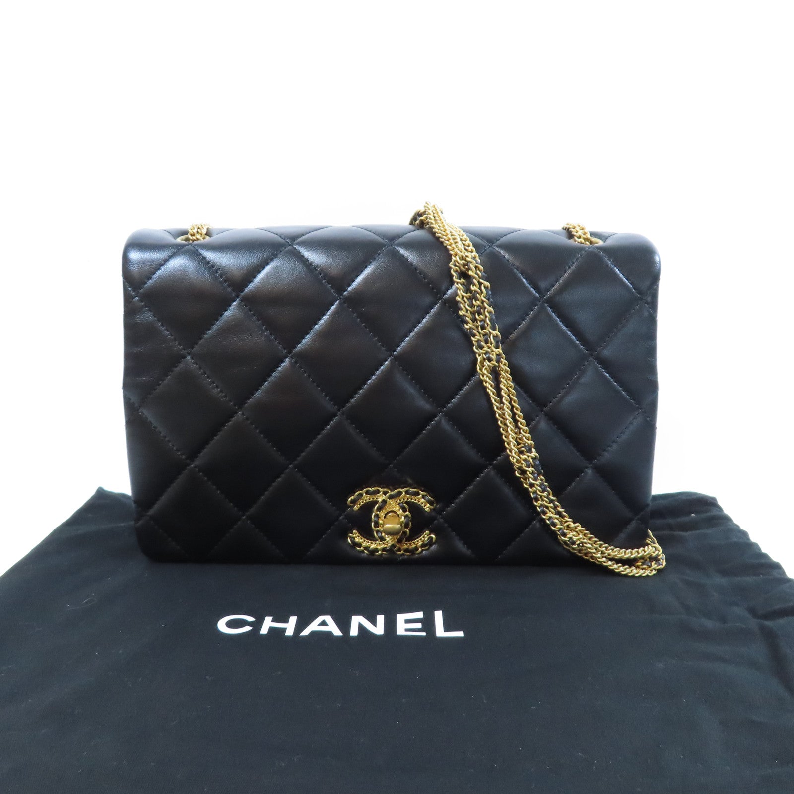 CHANEL 菱格羊皮皮革Chain Shoulder Bag金扣鏈帶肩背袋黑色
