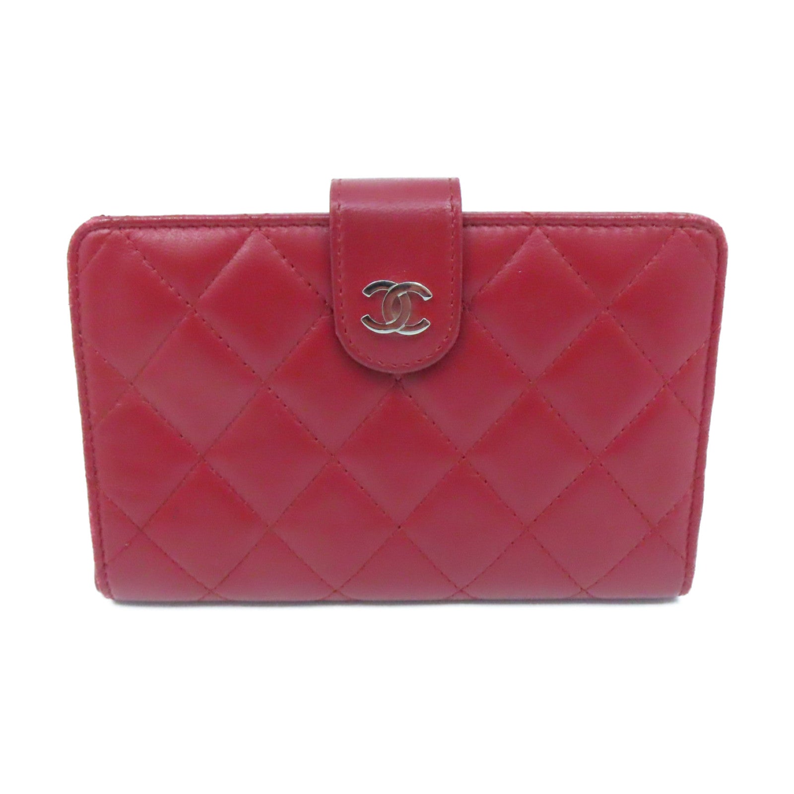 CHANEL 菱格羊皮皮革Wallet銀扣錢包紅色