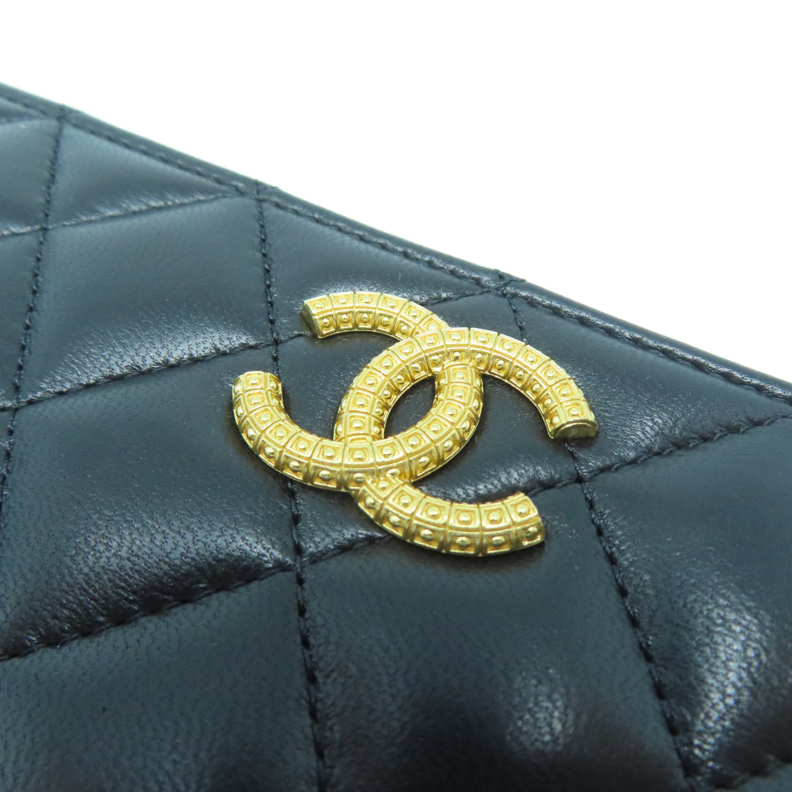 CHANEL 菱格牛皮皮革Long Wallet金扣長錢包黑色