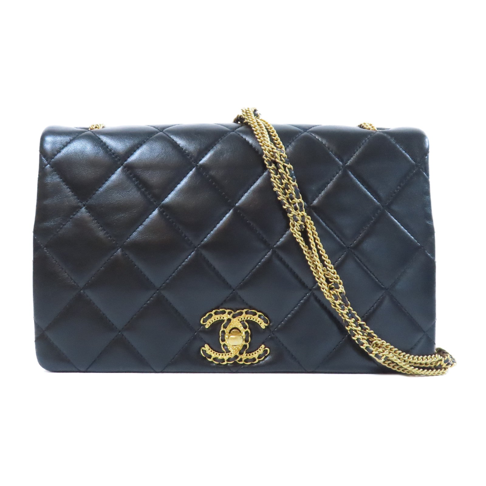 CHANEL 菱格羊皮皮革Chain Shoulder Bag金扣鏈帶肩背袋黑色
