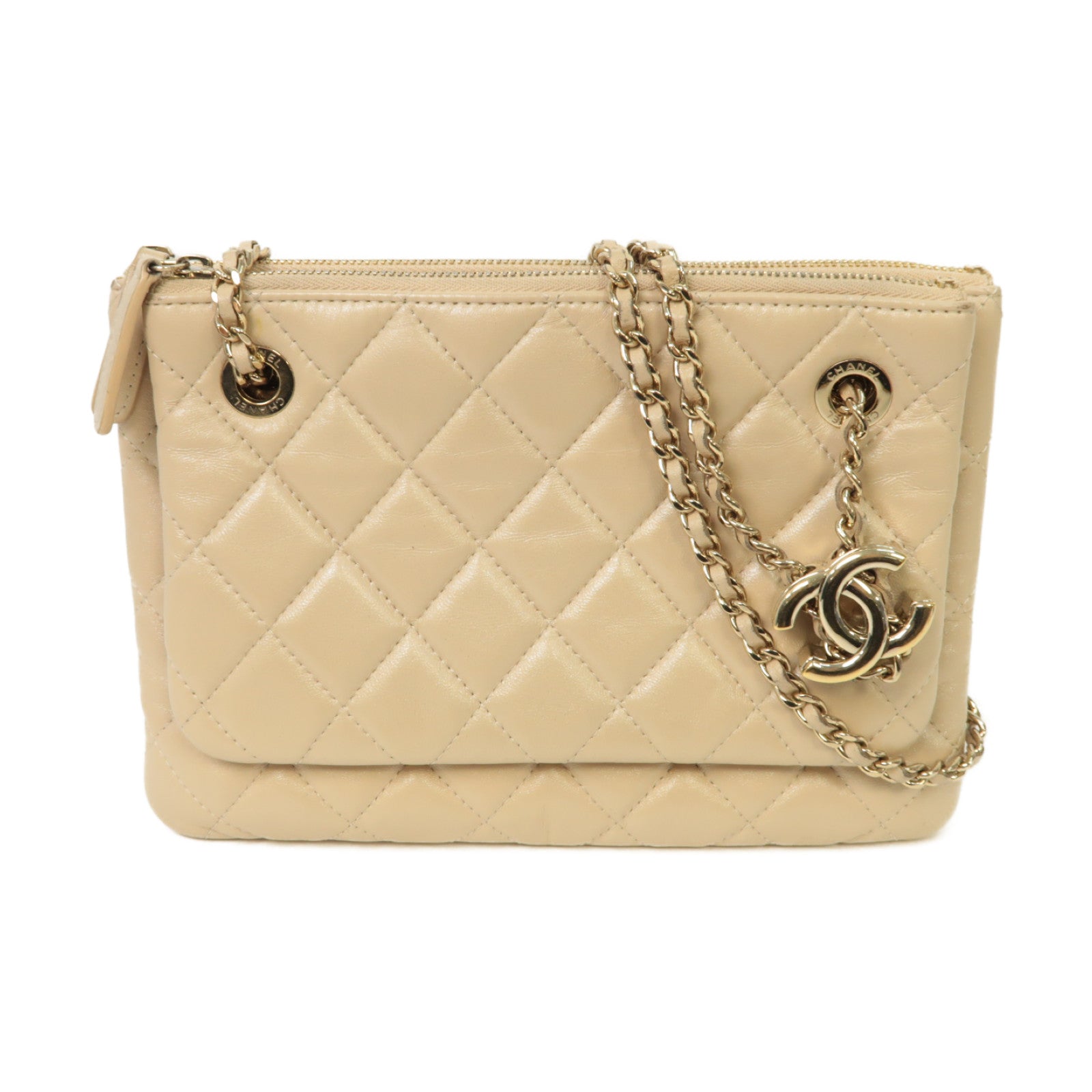 CHANEL 菱格牛皮皮革Chain Shoulder Bag金扣鏈帶肩背袋米色