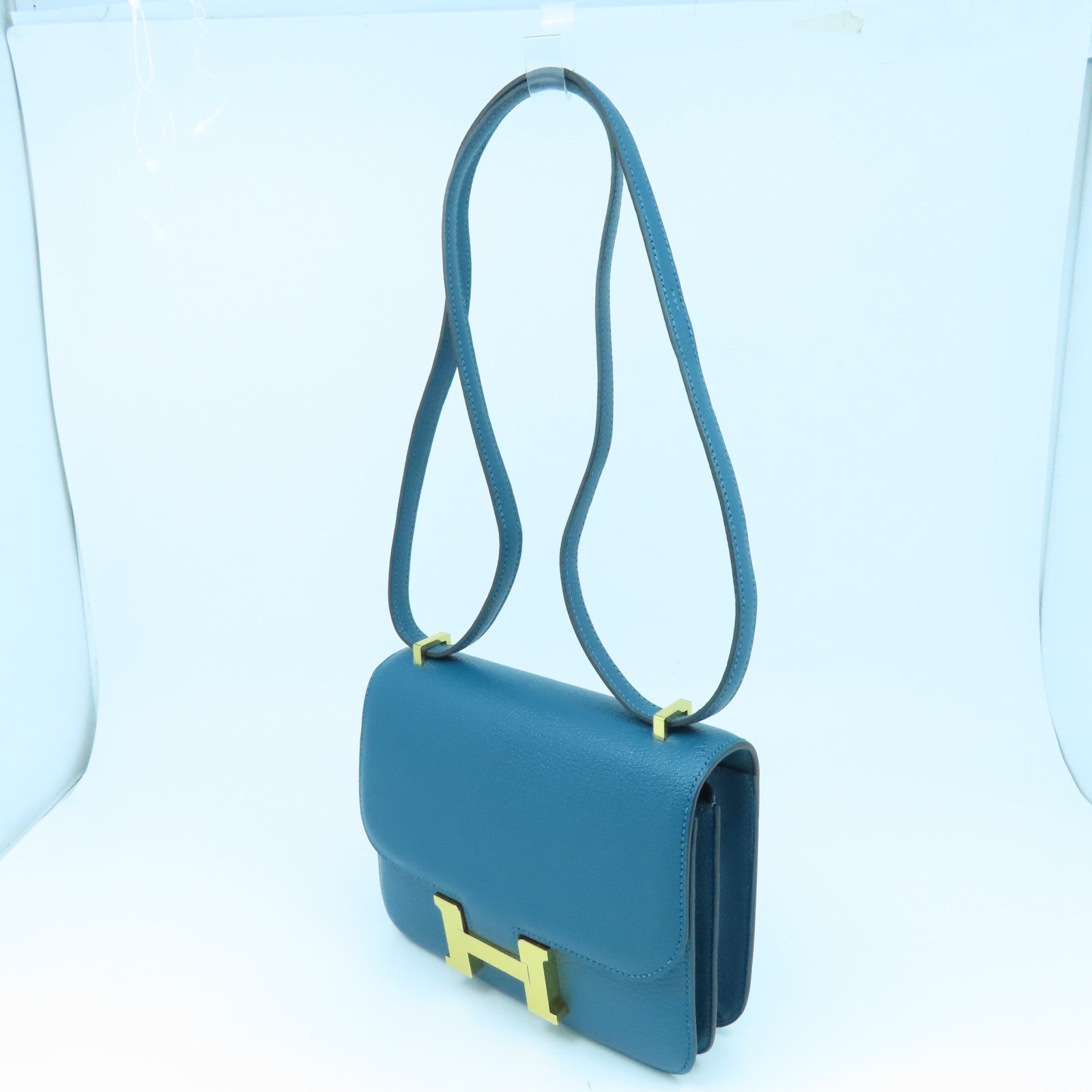 HERMES Mysore leather Constance Mini gold buckle handle shoulder bag green