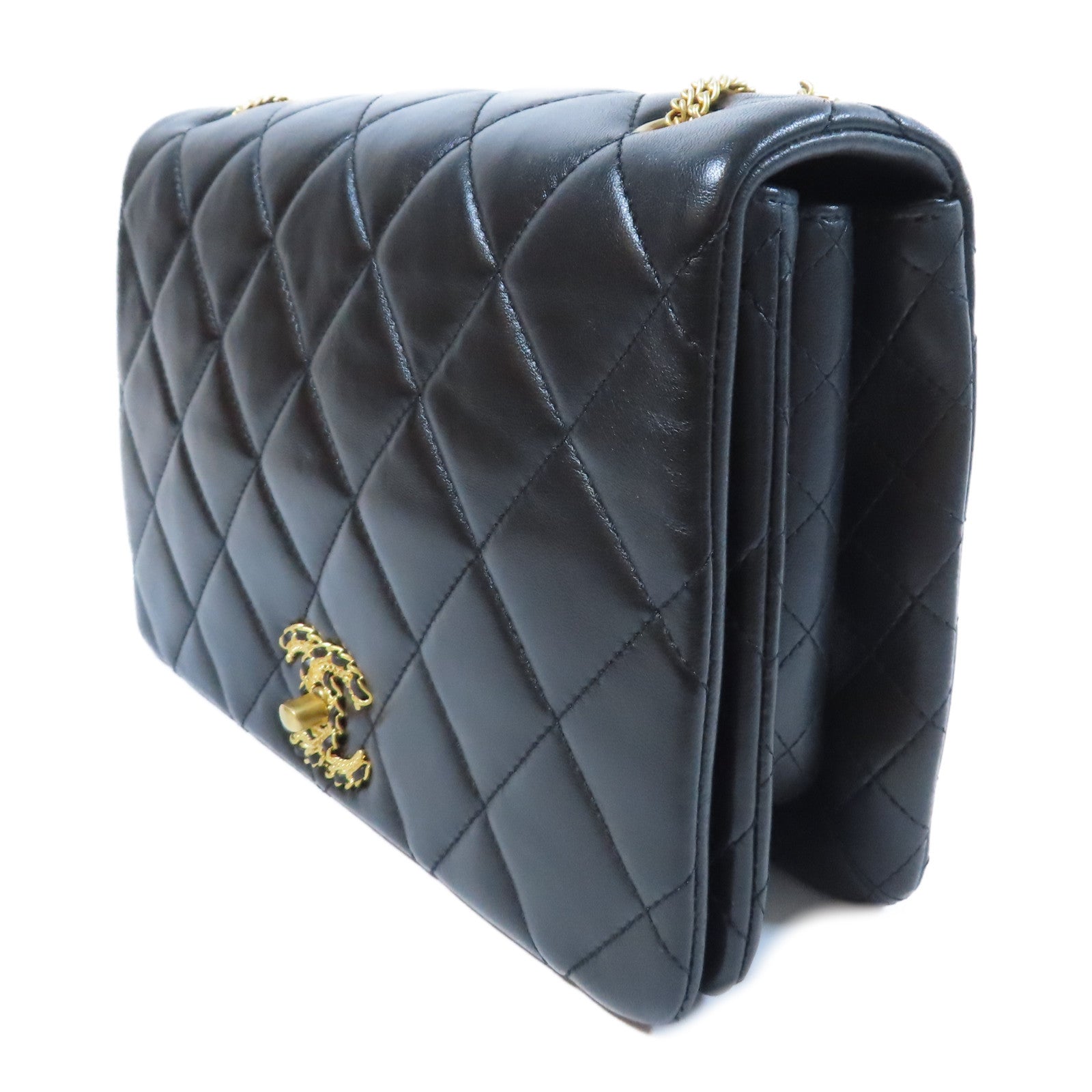 CHANEL 菱格羊皮皮革Chain Shoulder Bag金扣鏈帶肩背袋黑色