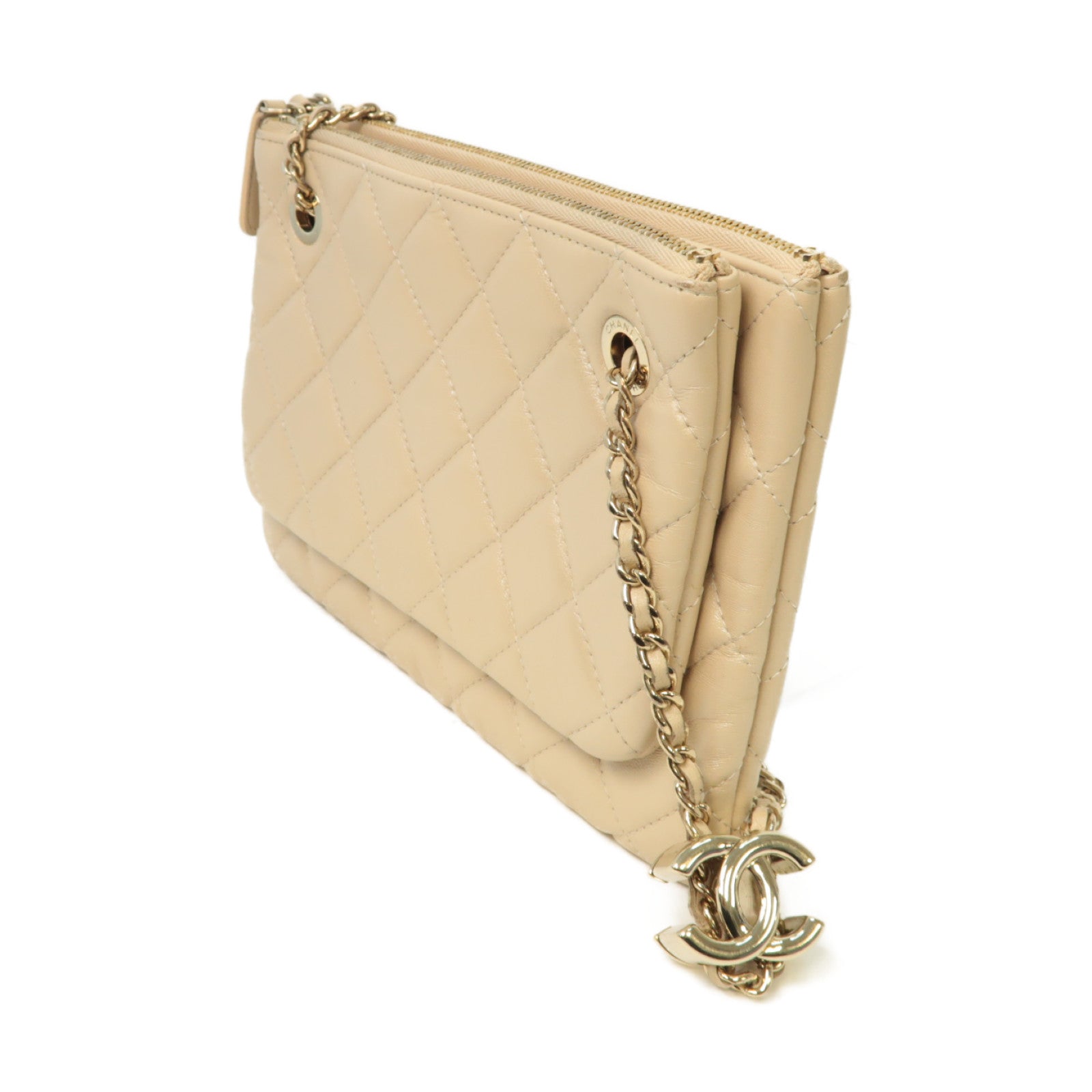 CHANEL 菱格牛皮皮革Chain Shoulder Bag金扣鏈帶肩背袋米色