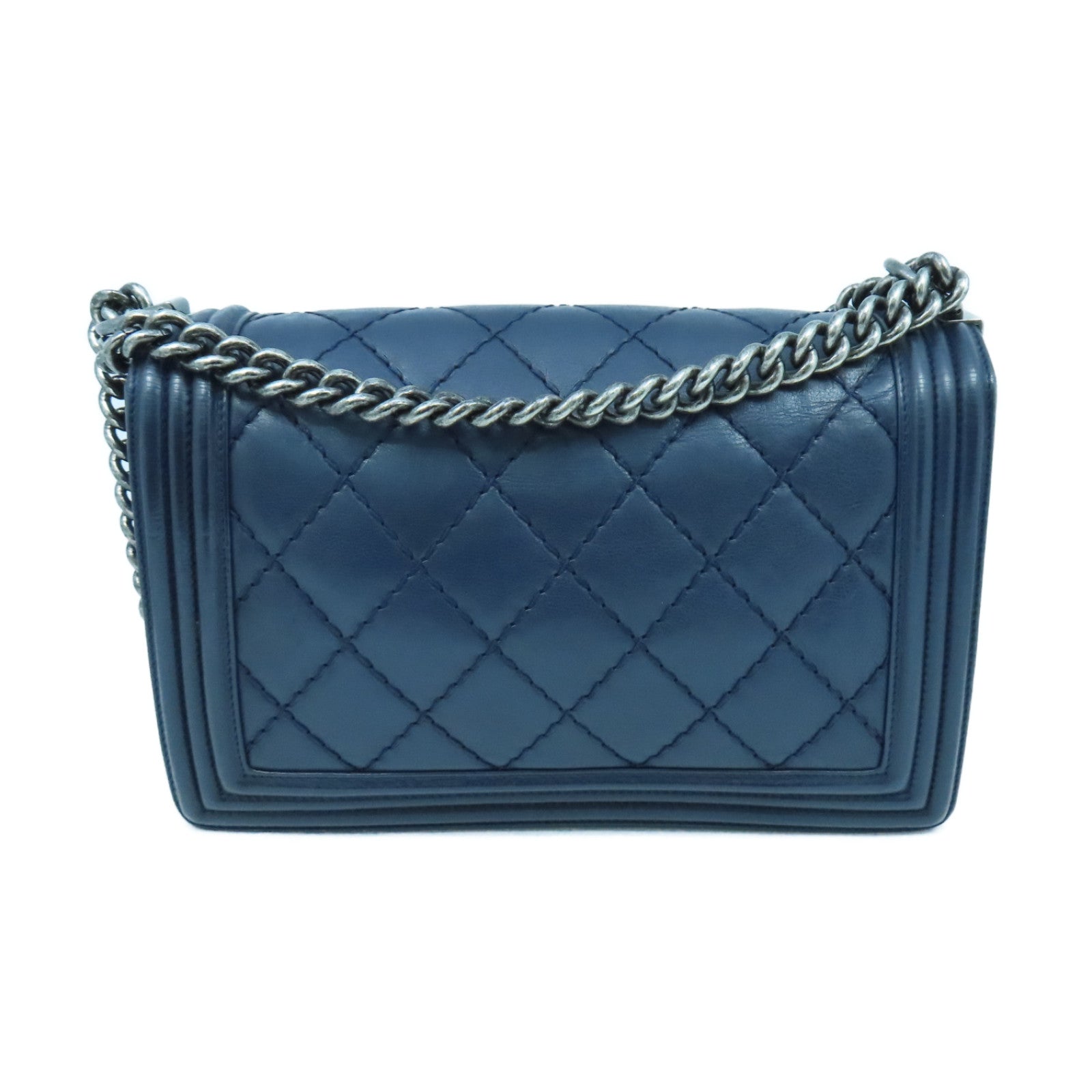 CHANEL rhombic cowhide leather Boy Chanel 28cm silver buckle chain shoulder bag dark blue