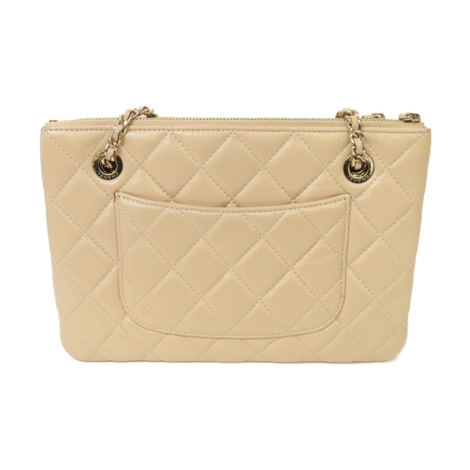 CHANEL 菱格牛皮皮革Chain Shoulder Bag金扣鏈帶肩背袋米色