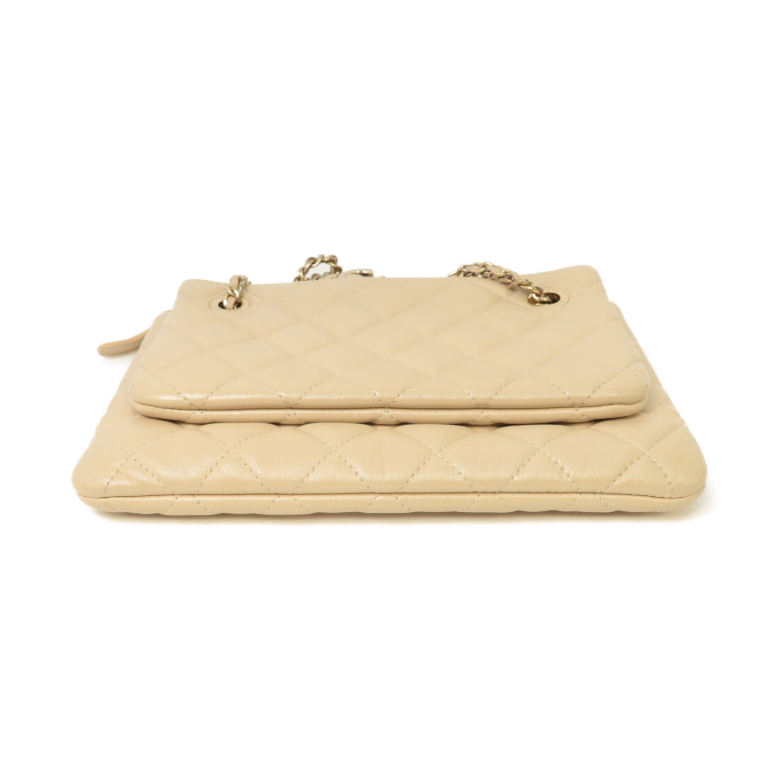 CHANEL 菱格牛皮皮革Chain Shoulder Bag金扣鏈帶肩背袋米色