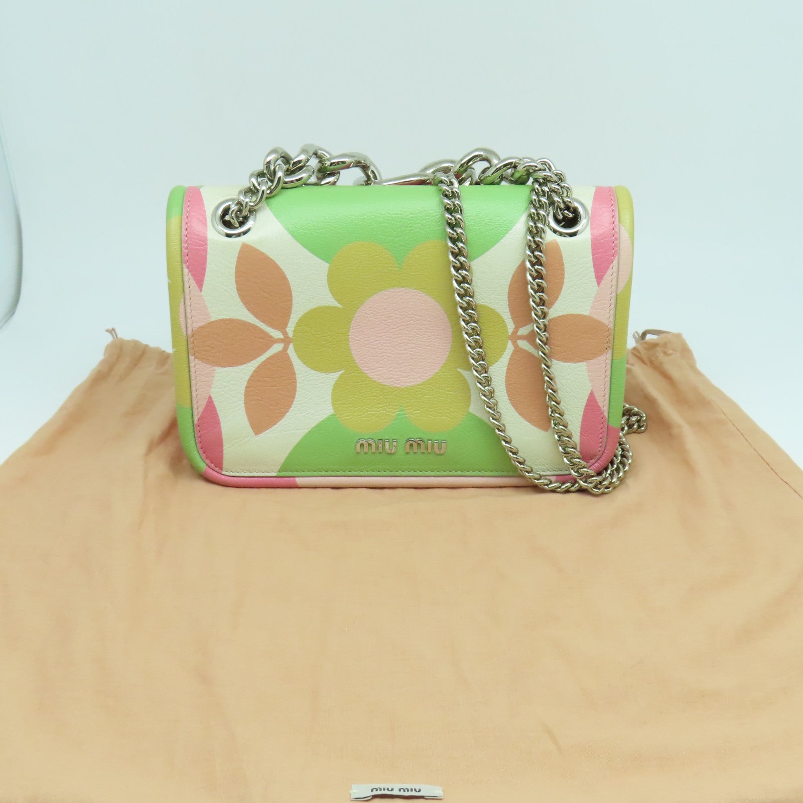 Miu Miu 牛皮皮革Chain Shoulder Bag銀扣鏈帶肩背袋粉紅色