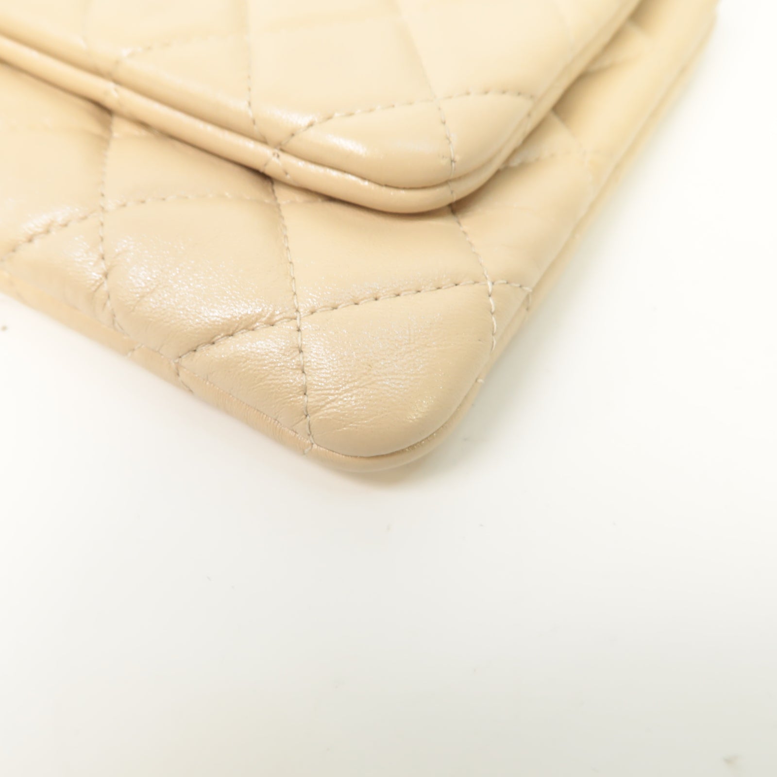 CHANEL 菱格牛皮皮革Chain Shoulder Bag金扣鏈帶肩背袋米色