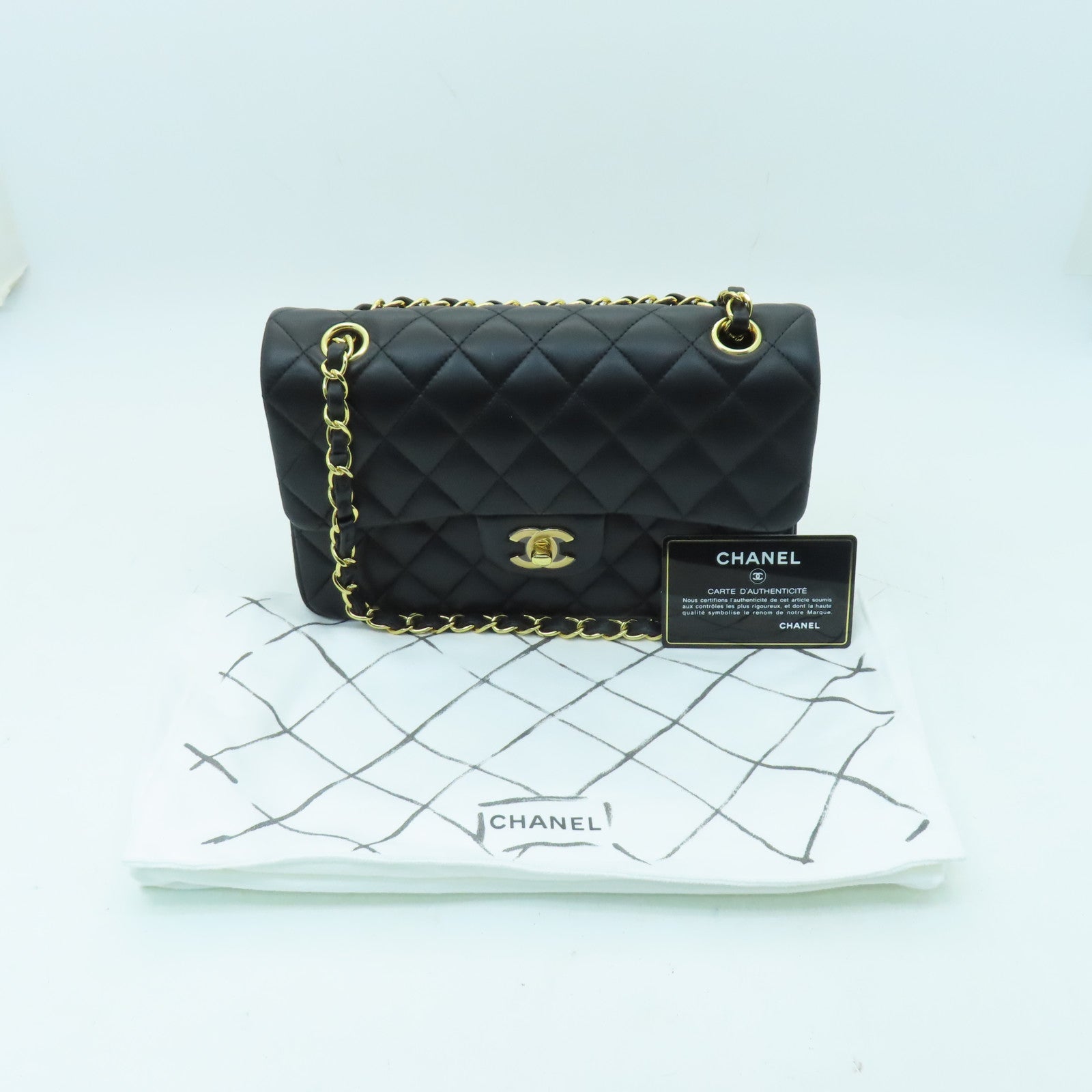 CHANEL 菱格羊皮皮革Classic 23金扣鏈帶肩背袋黑色