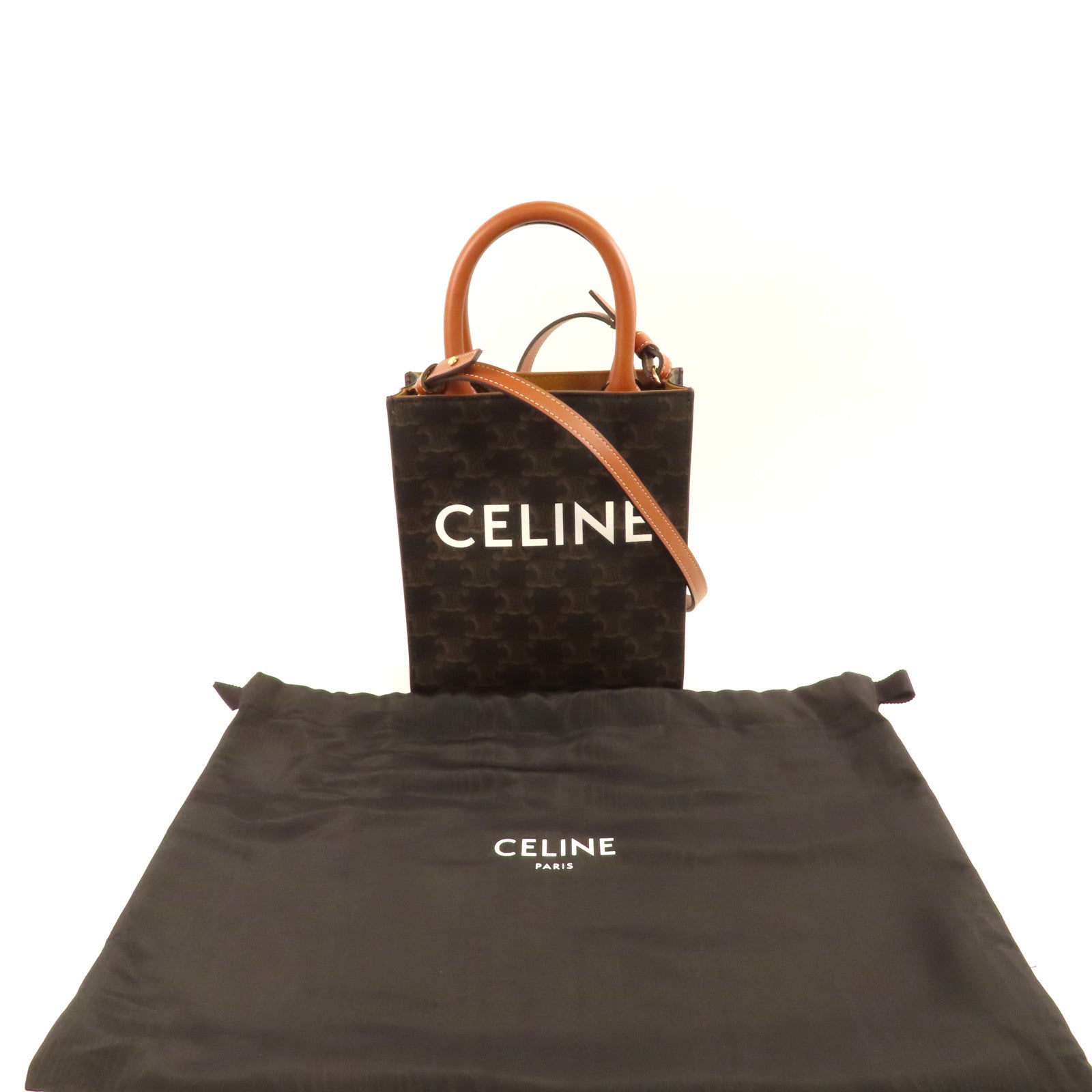 CELINE 塗層帆布Mini Cabas金扣肩背袋啡色