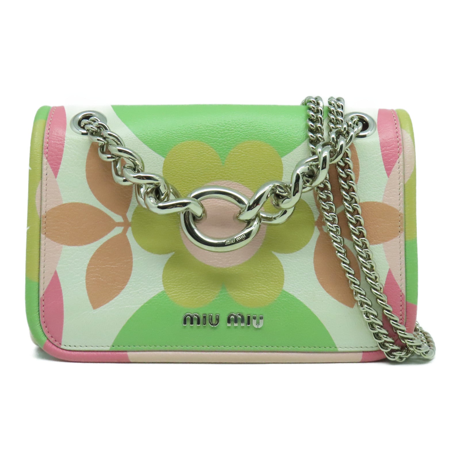 Miu Miu 牛皮皮革Chain Shoulder Bag銀扣鏈帶肩背袋粉紅色