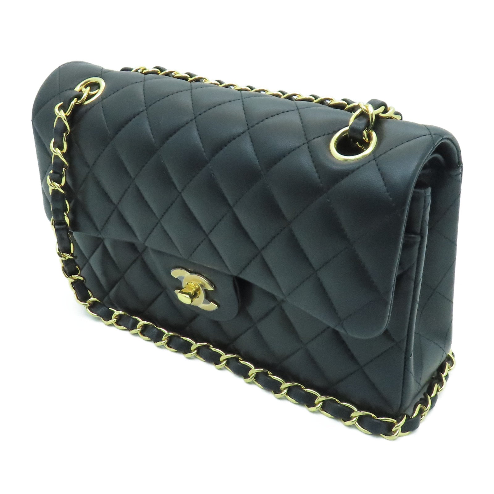 CHANEL 菱格羊皮皮革Classic 23金扣鏈帶肩背袋黑色