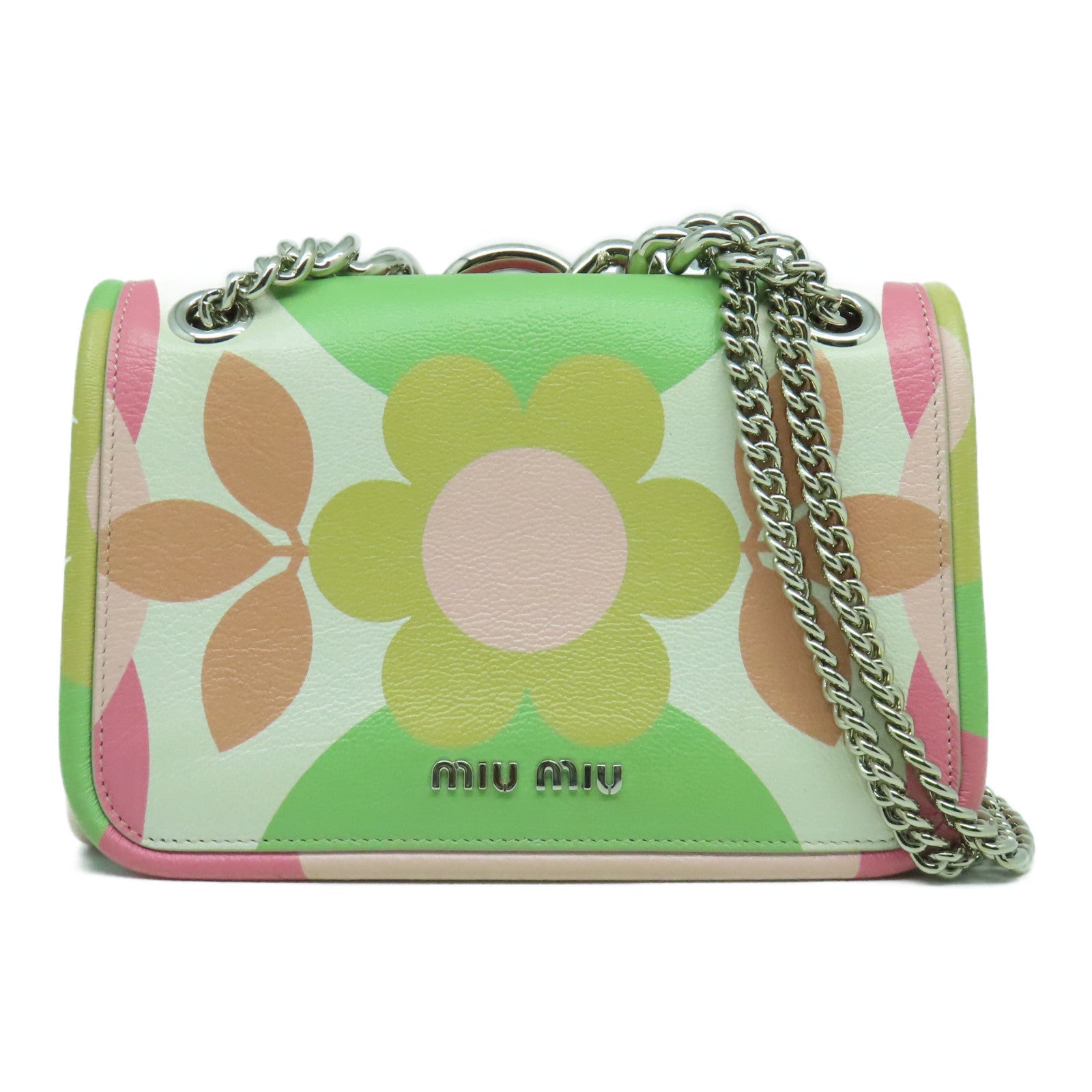 Miu Miu 牛皮皮革Chain Shoulder Bag銀扣鏈帶肩背袋粉紅色
