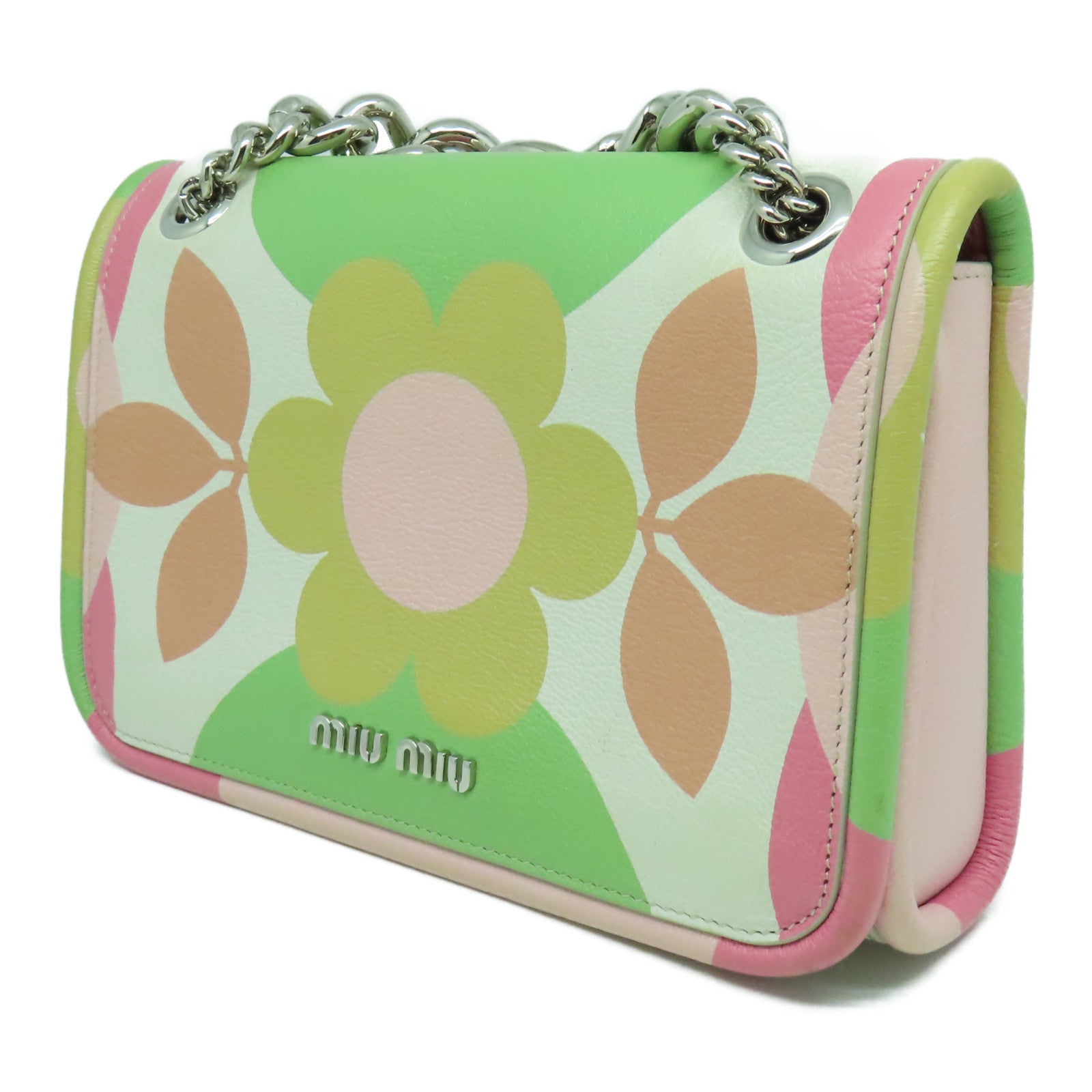 Miu Miu 牛皮皮革Chain Shoulder Bag銀扣鏈帶肩背袋粉紅色