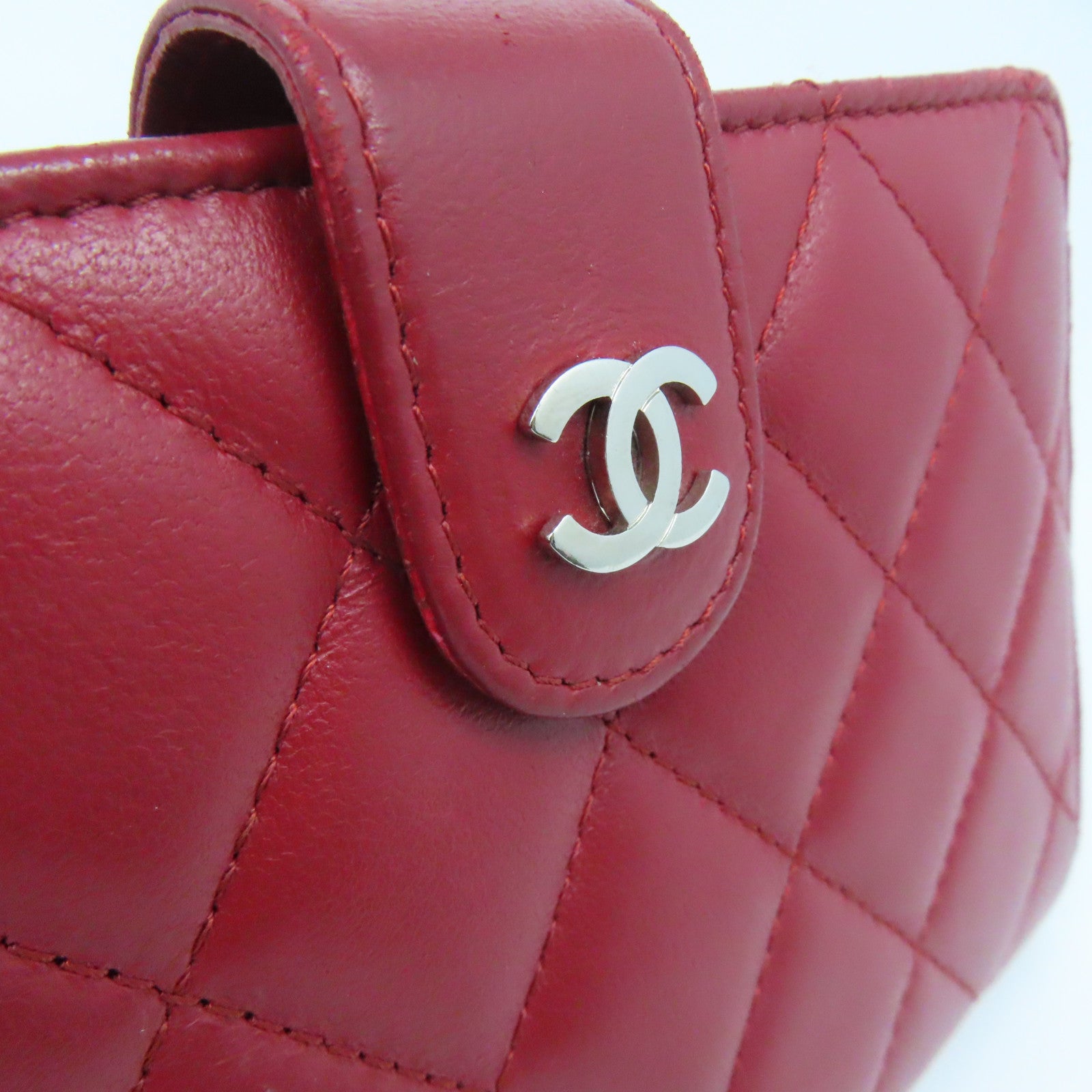CHANEL 菱格羊皮皮革Wallet銀扣錢包紅色