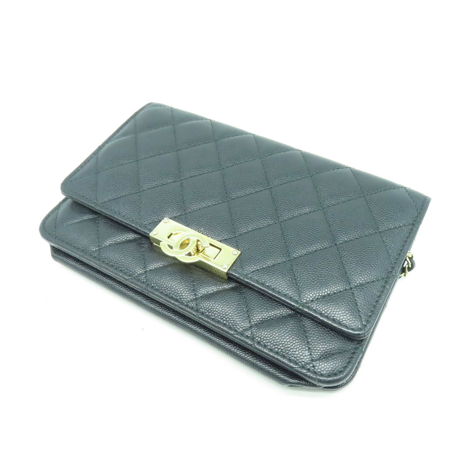 CHANEL 菱格Caviar皮革Wallet On Chain金扣鏈帶肩背袋黑色