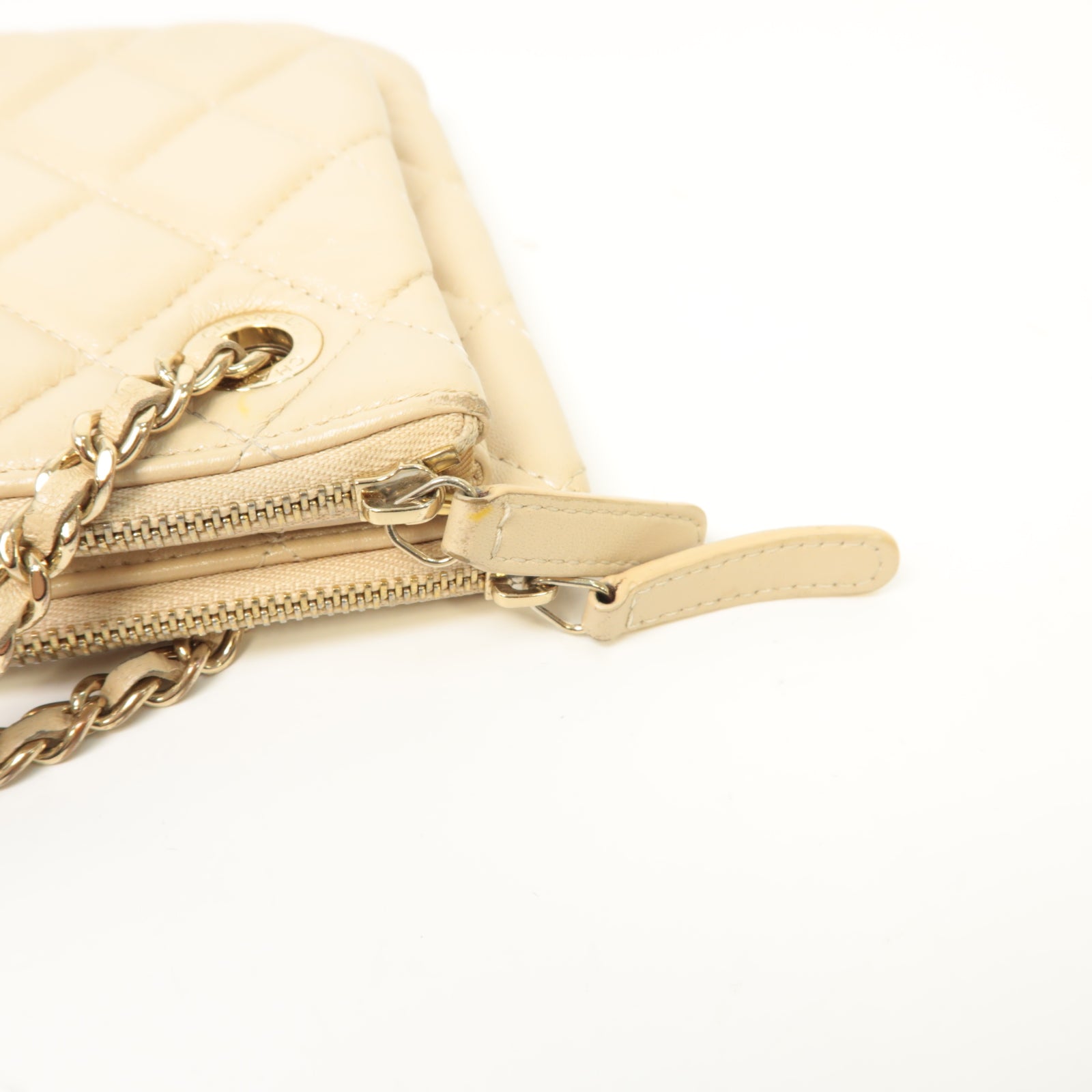 CHANEL 菱格牛皮皮革Chain Shoulder Bag金扣鏈帶肩背袋米色
