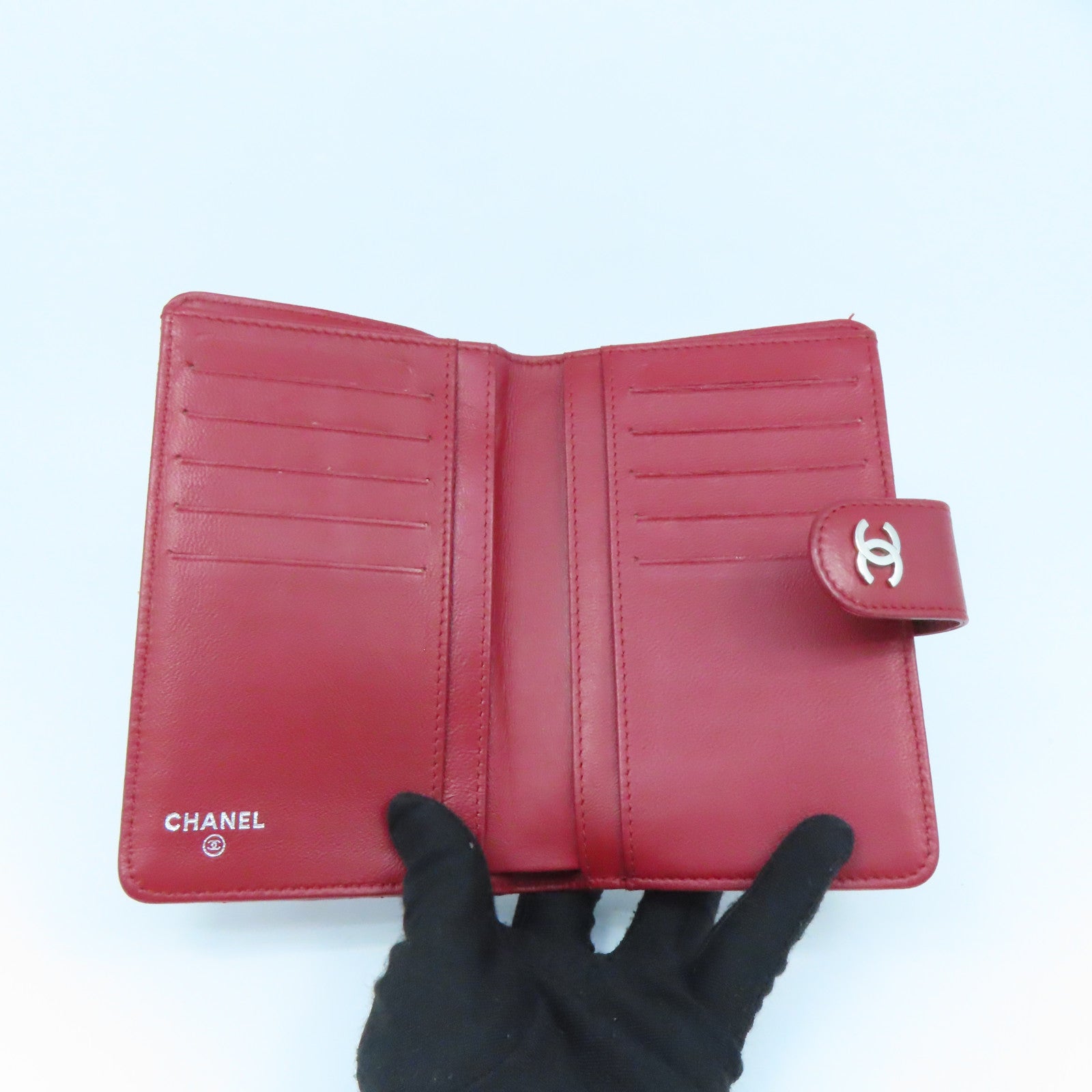 CHANEL 菱格羊皮皮革Wallet銀扣錢包紅色