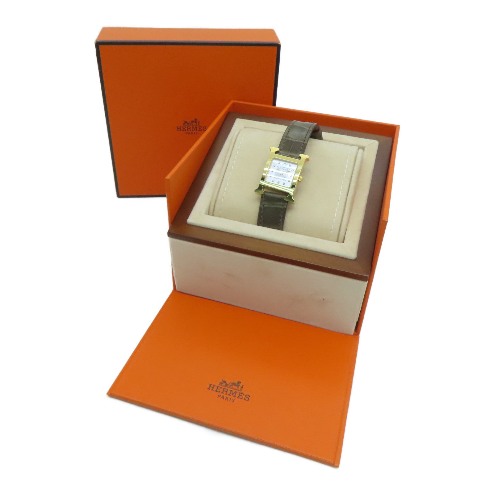 HERMES H Watch鱷魚皮革帶/不鏽鋼鑽石手錶石英機芯白色