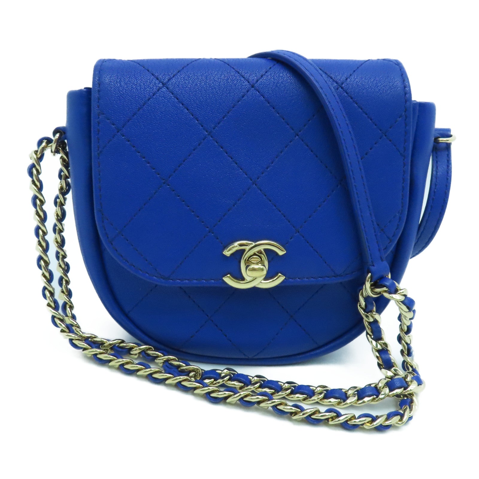 CHANEL 【激減優惠】菱格牛皮皮革Chain Shoulder金扣肩背袋藍色