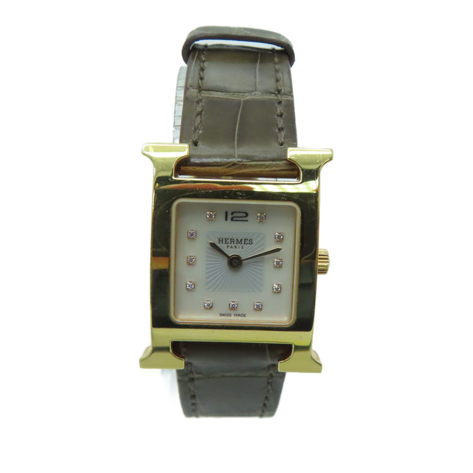 HERMES H Watch鱷魚皮革帶/不鏽鋼鑽石手錶石英機芯白色