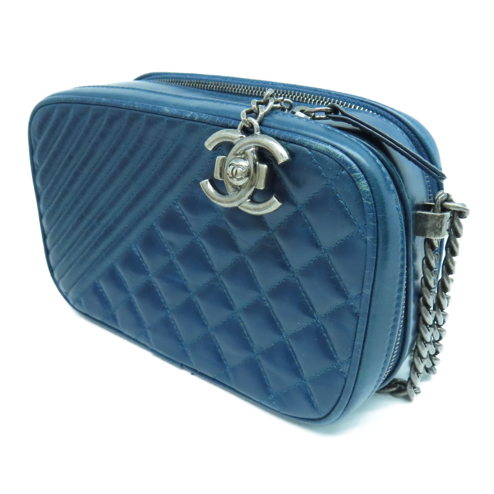 CHANEL 【激減優惠】牛皮皮革Chain Shoulder銀扣肩背袋藍色