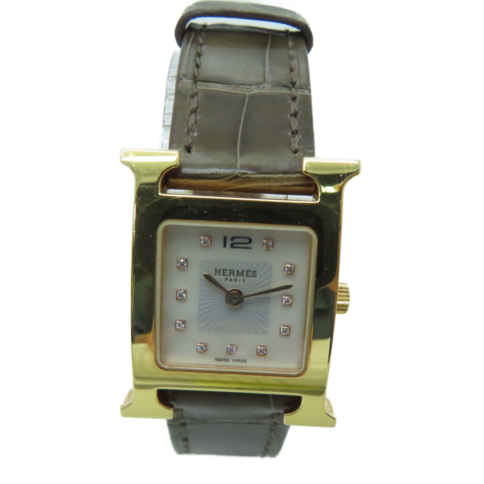 HERMES H Watch鱷魚皮革帶/不鏽鋼鑽石手錶石英機芯白色
