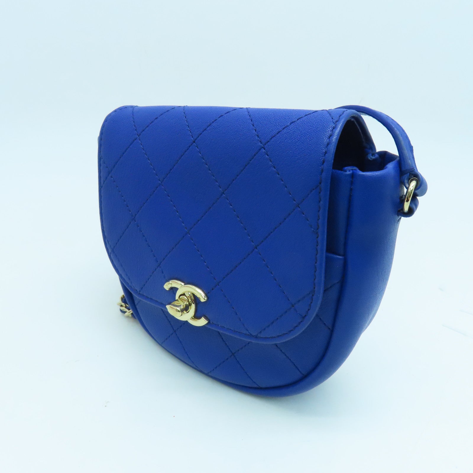 CHANEL 【激減優惠】菱格牛皮皮革Chain Shoulder金扣肩背袋藍色