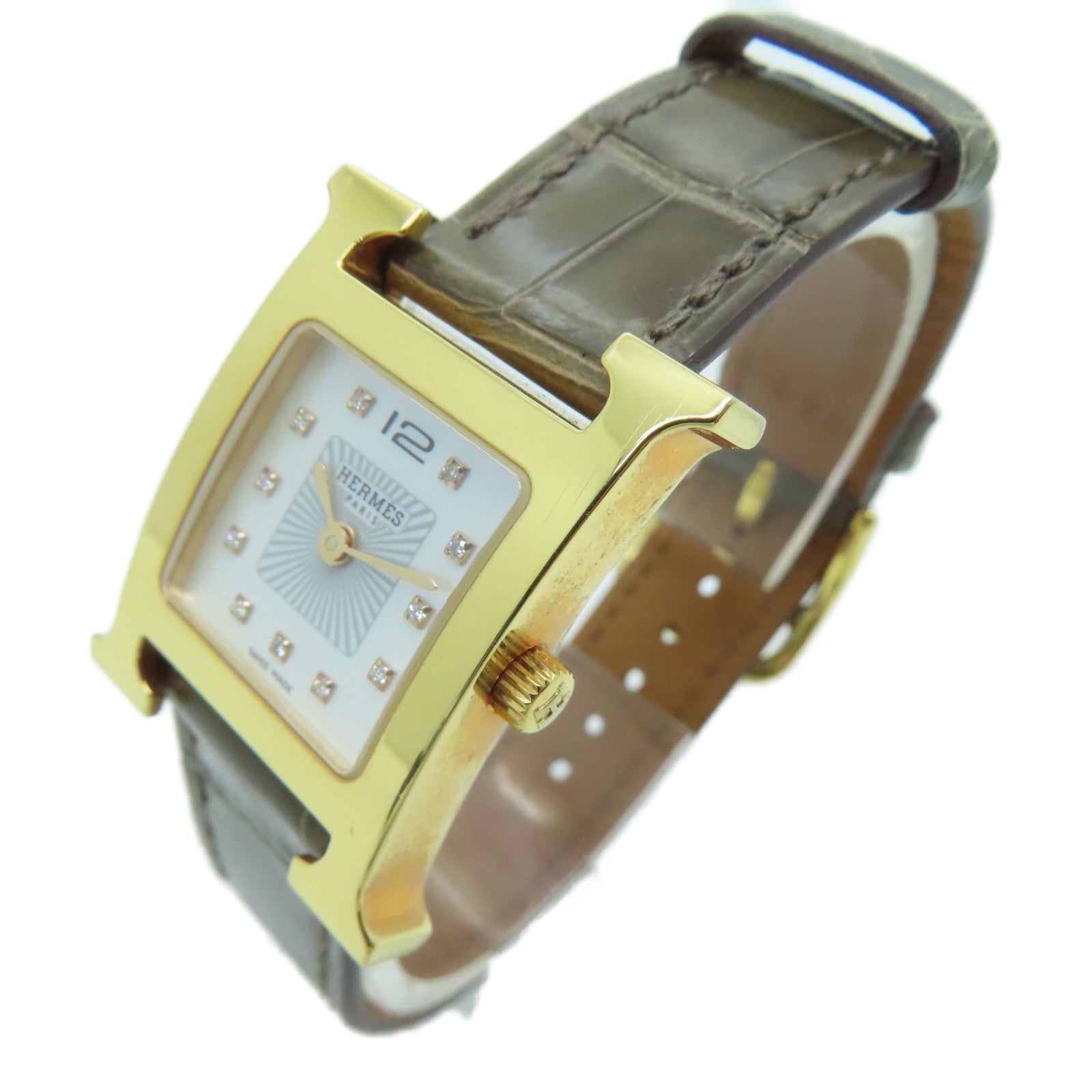 HERMES H Watch鱷魚皮革帶/不鏽鋼鑽石手錶石英機芯白色