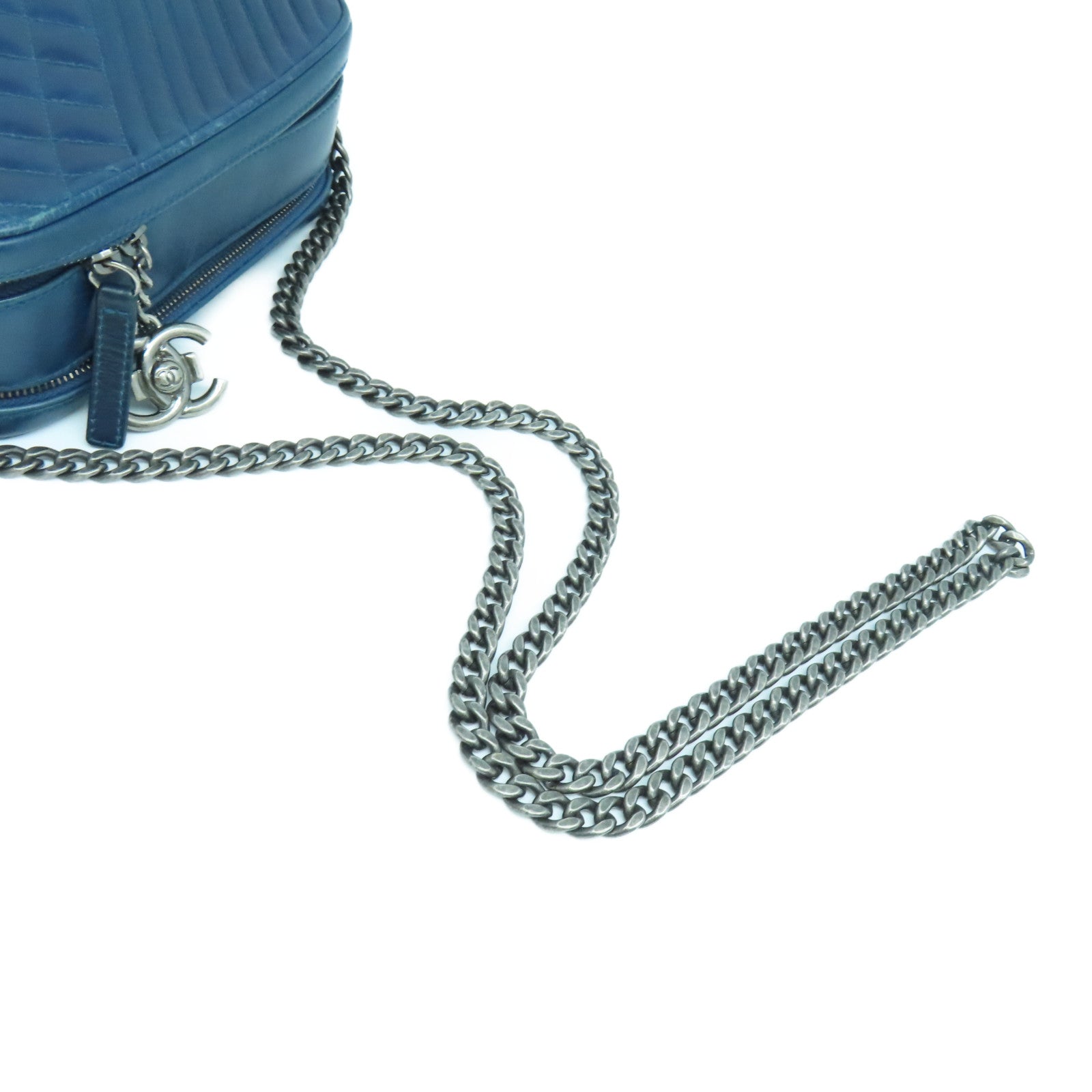 CHANEL 【激減優惠】牛皮皮革Chain Shoulder銀扣肩背袋藍色