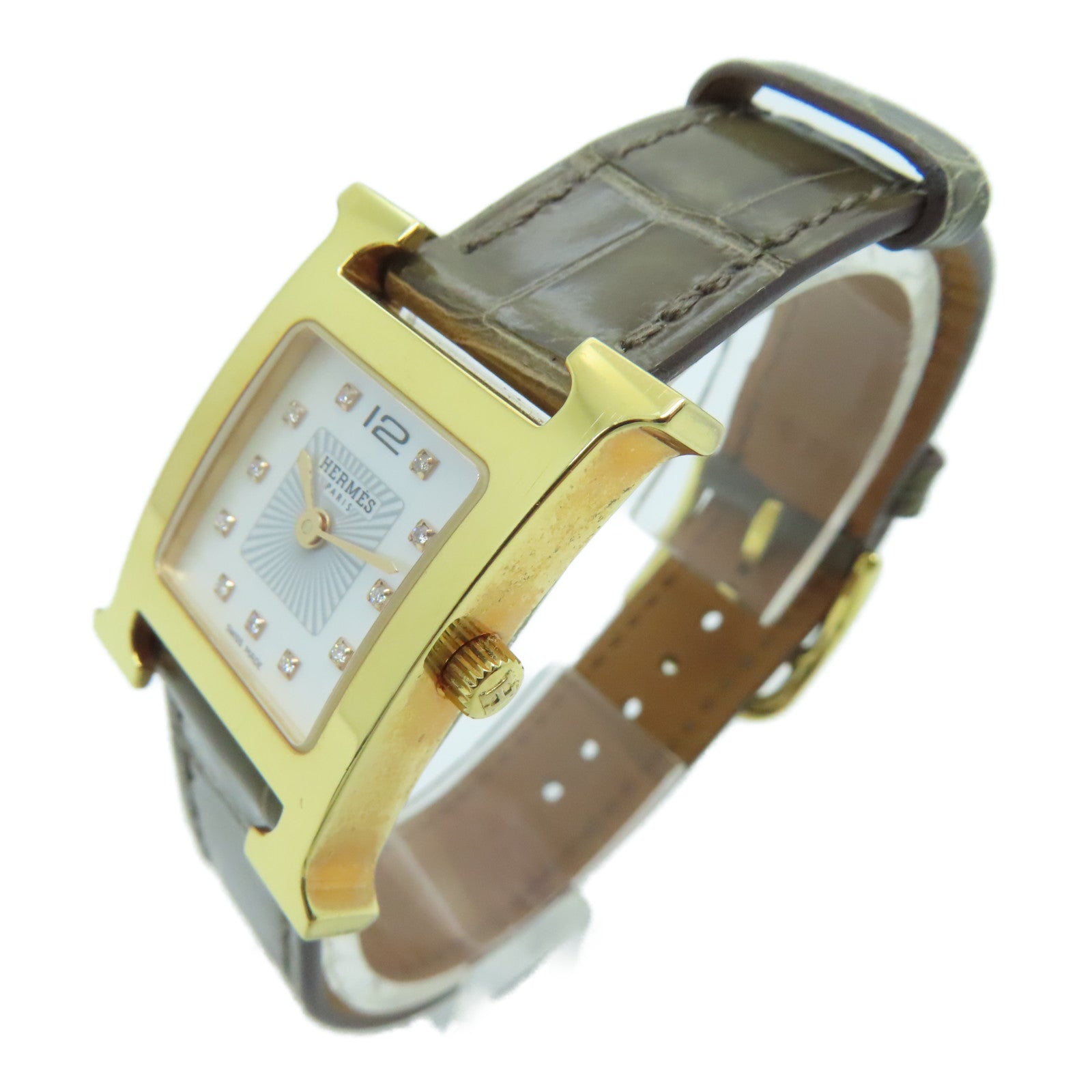 HERMES H Watch鱷魚皮革帶/不鏽鋼鑽石手錶石英機芯白色