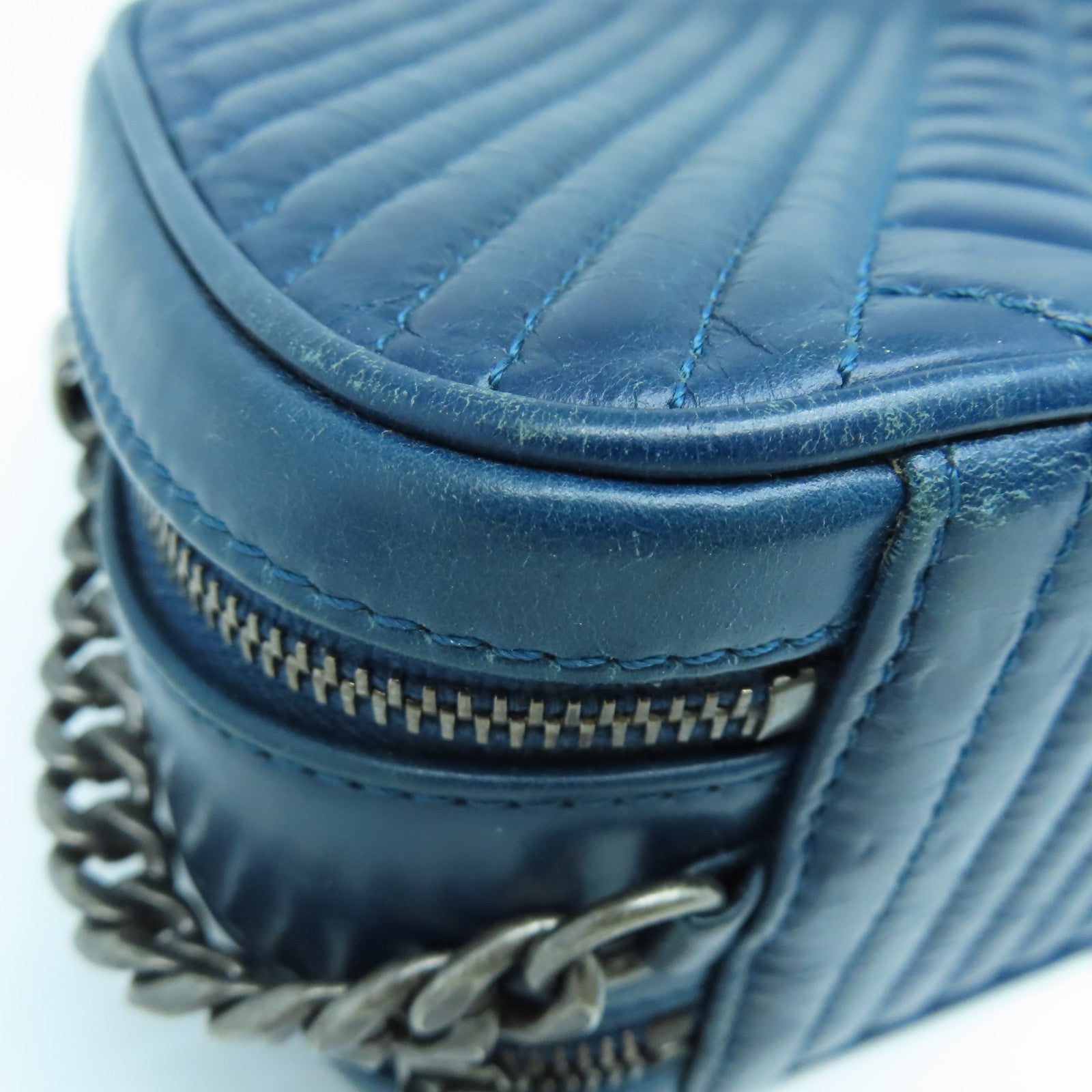CHANEL 【激減優惠】牛皮皮革Chain Shoulder銀扣肩背袋藍色