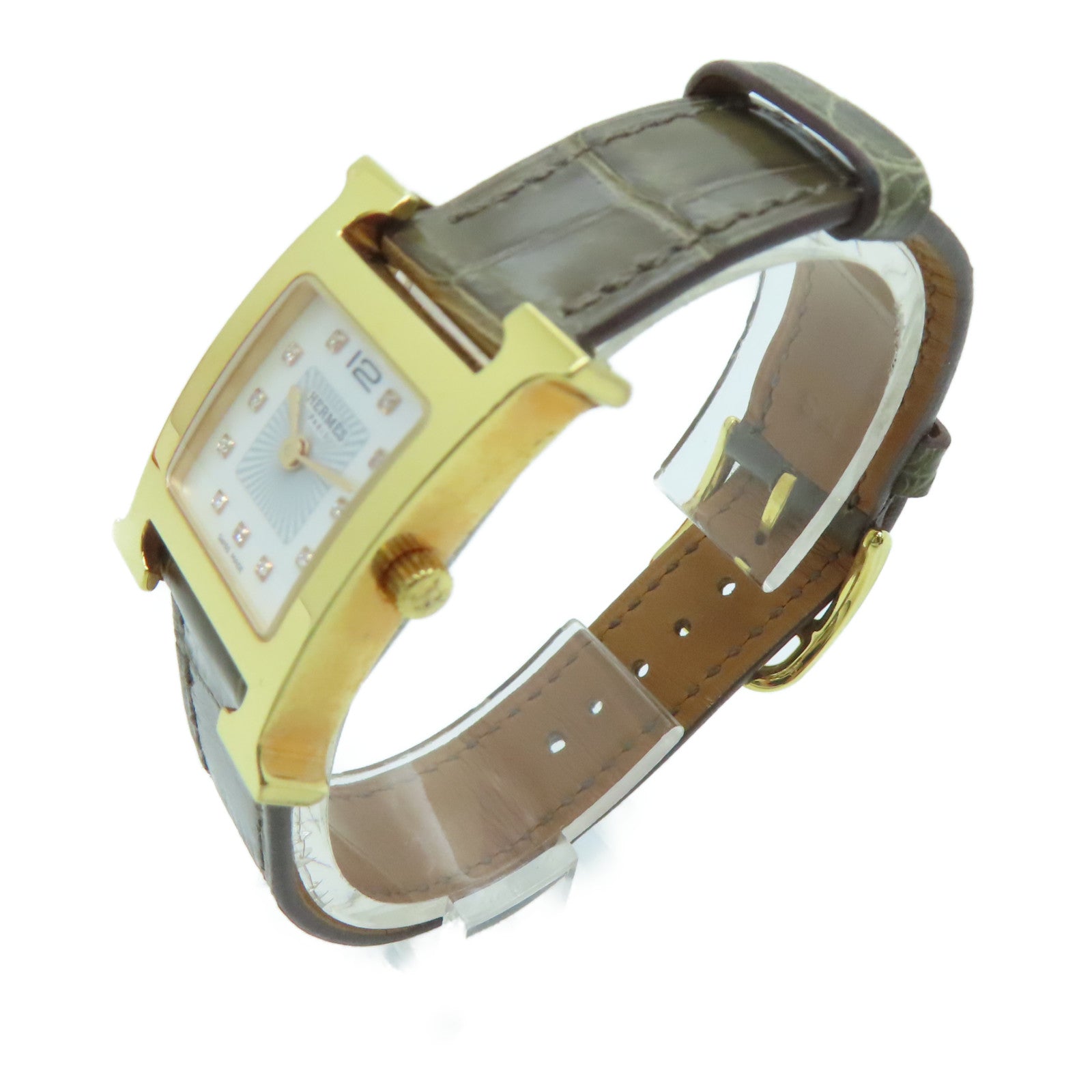HERMES H Watch鱷魚皮革帶/不鏽鋼鑽石手錶石英機芯白色