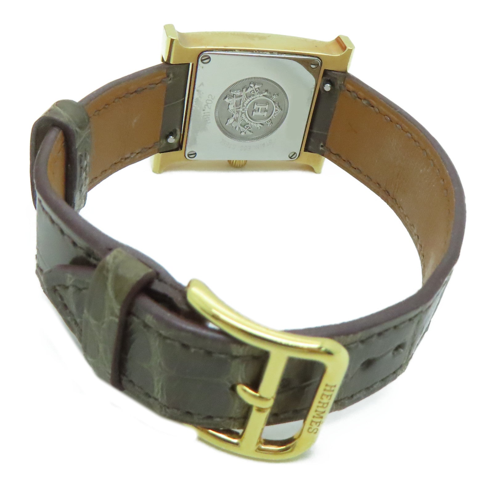 HERMES H Watch鱷魚皮革帶/不鏽鋼鑽石手錶石英機芯白色