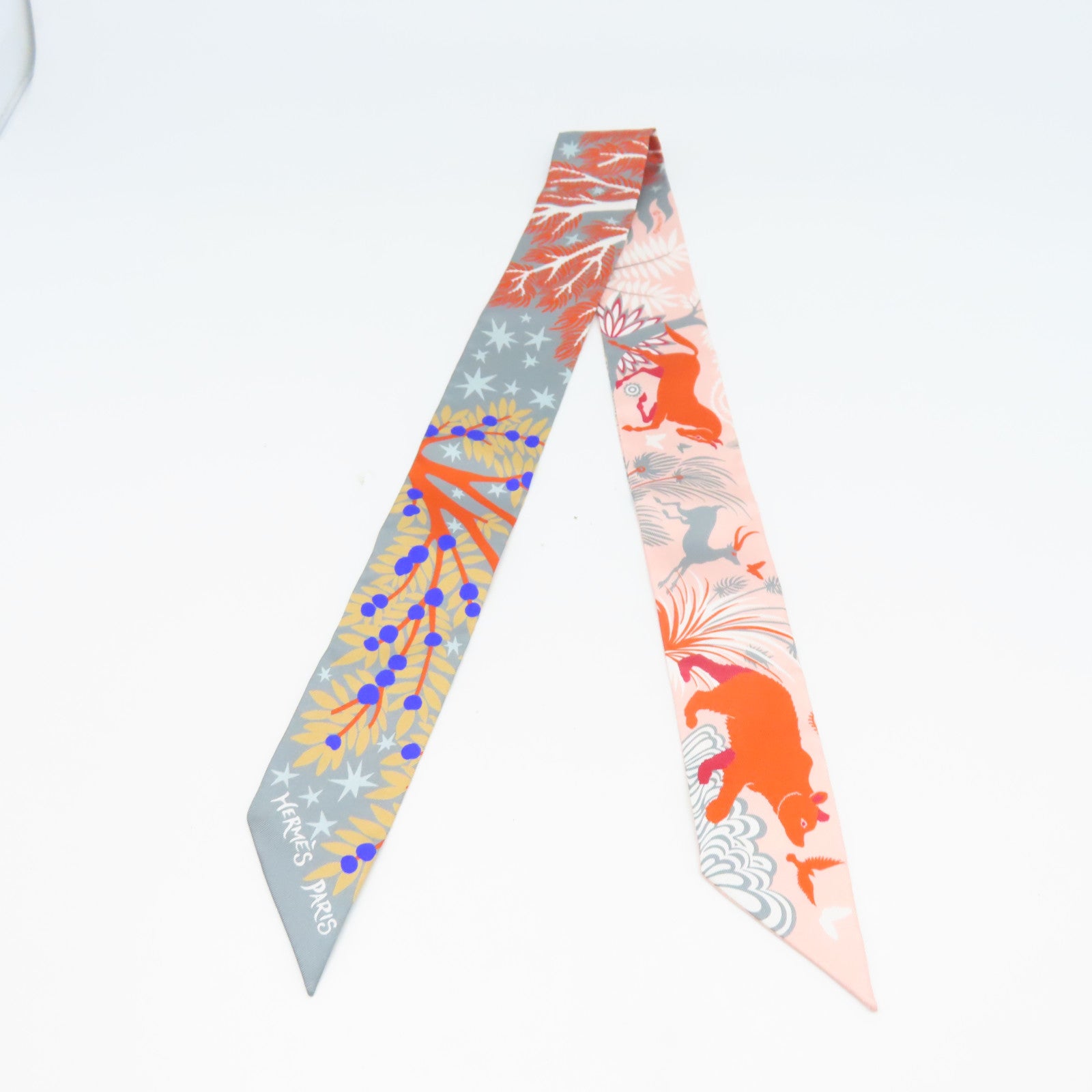 HERMES 絲質Twilly絲巾紅色/灰色
