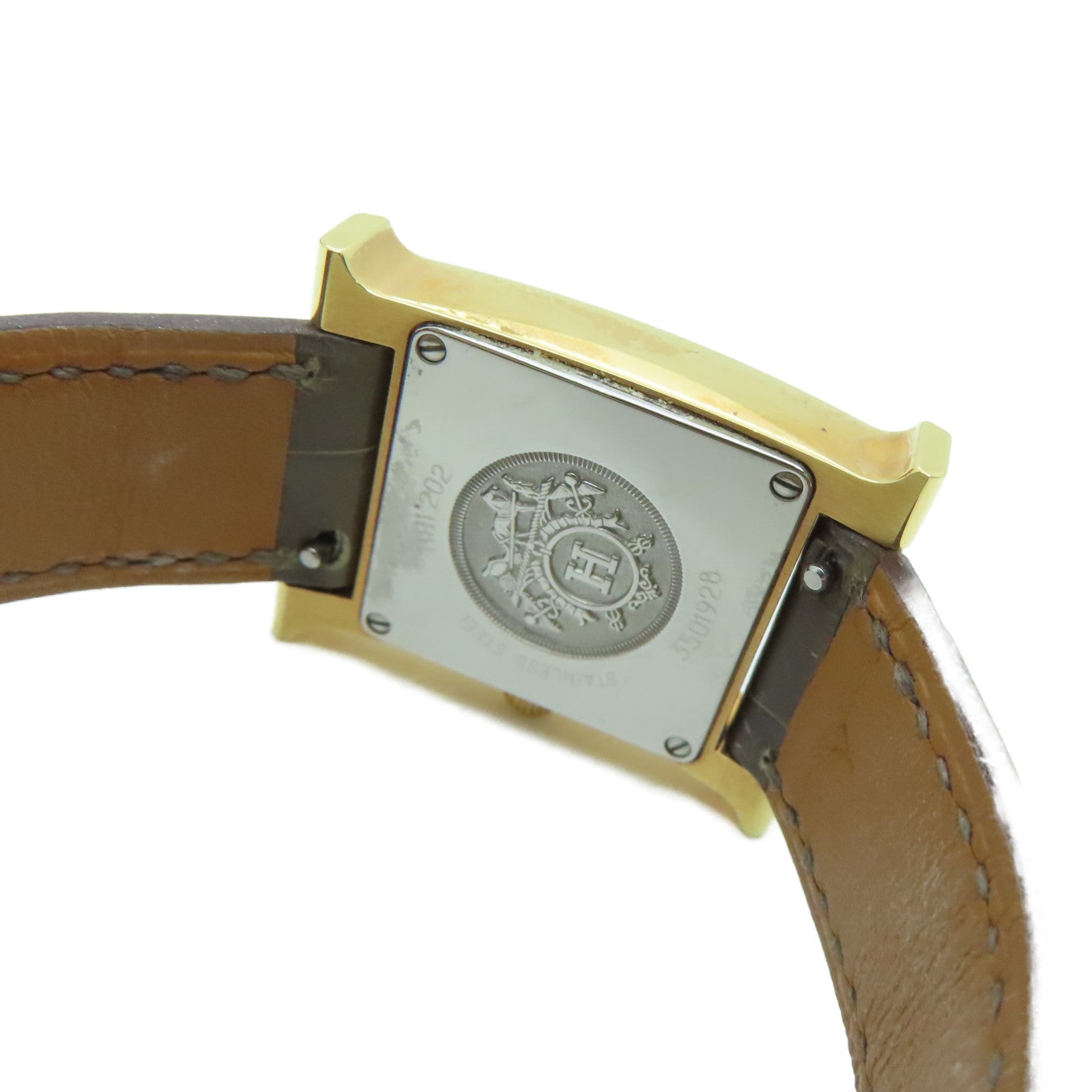 HERMES H Watch鱷魚皮革帶/不鏽鋼鑽石手錶石英機芯白色