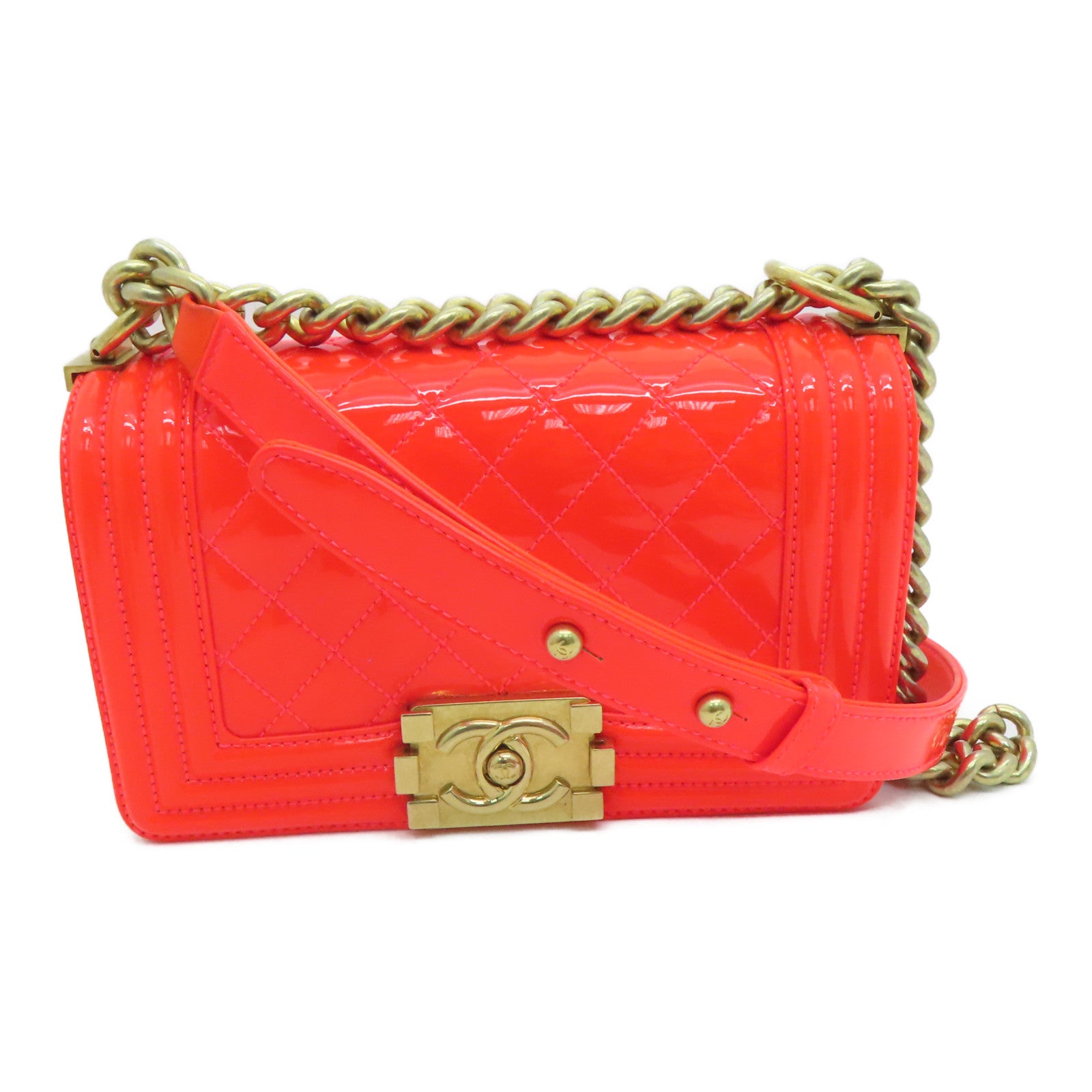 CHANEL diamond patent leather Boy Chanel Shoulder Bag gold buckle chain shoulder bag orange