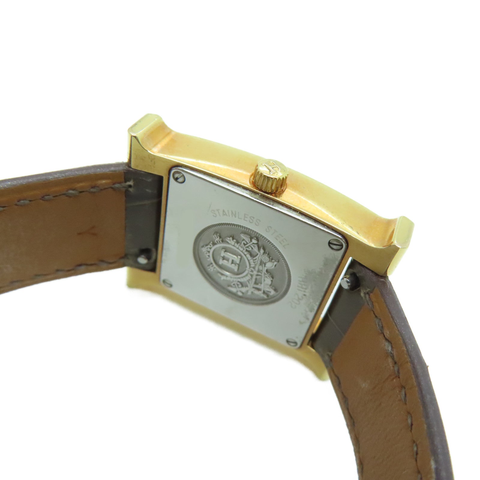 HERMES H Watch鱷魚皮革帶/不鏽鋼鑽石手錶石英機芯白色