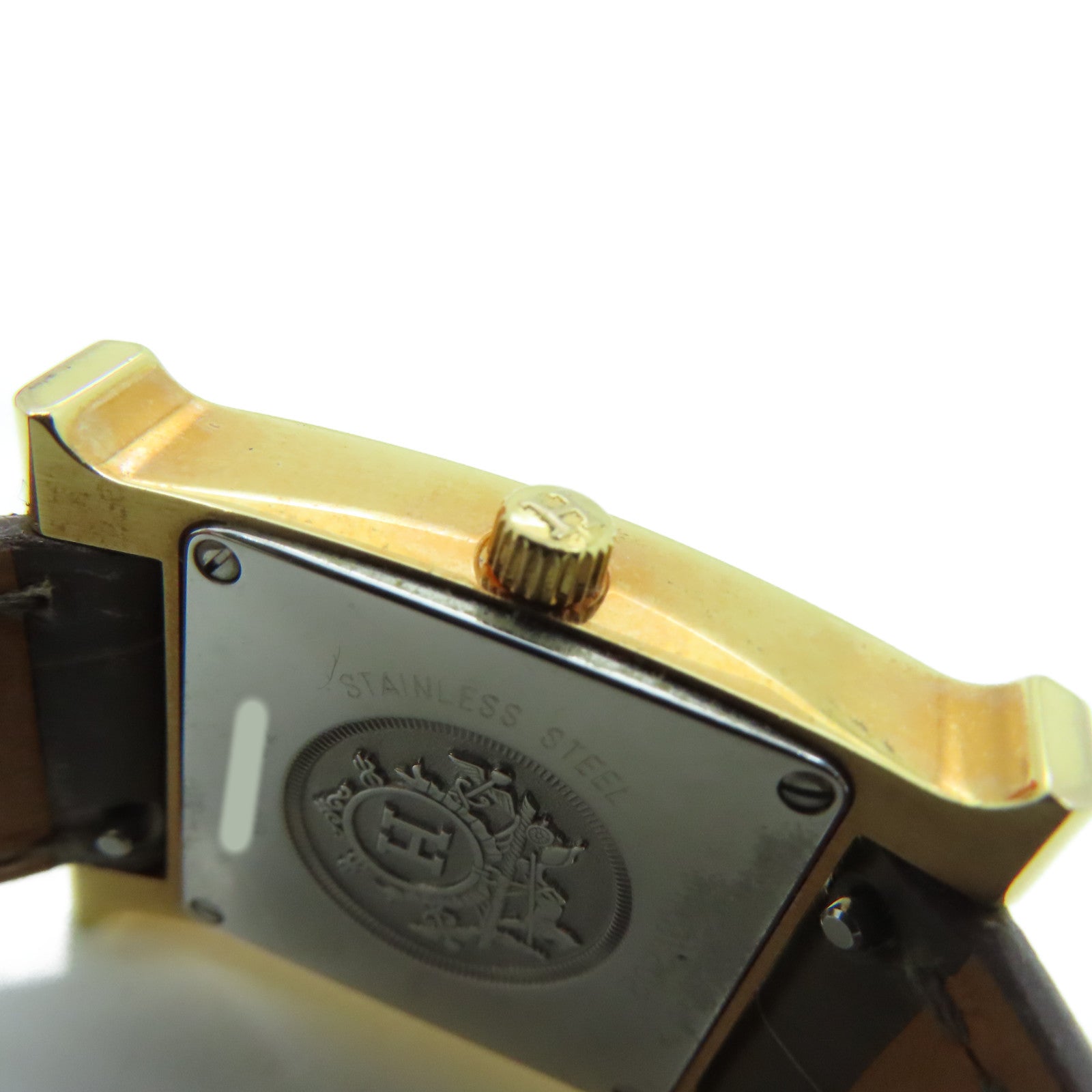 HERMES H Watch鱷魚皮革帶/不鏽鋼鑽石手錶石英機芯白色